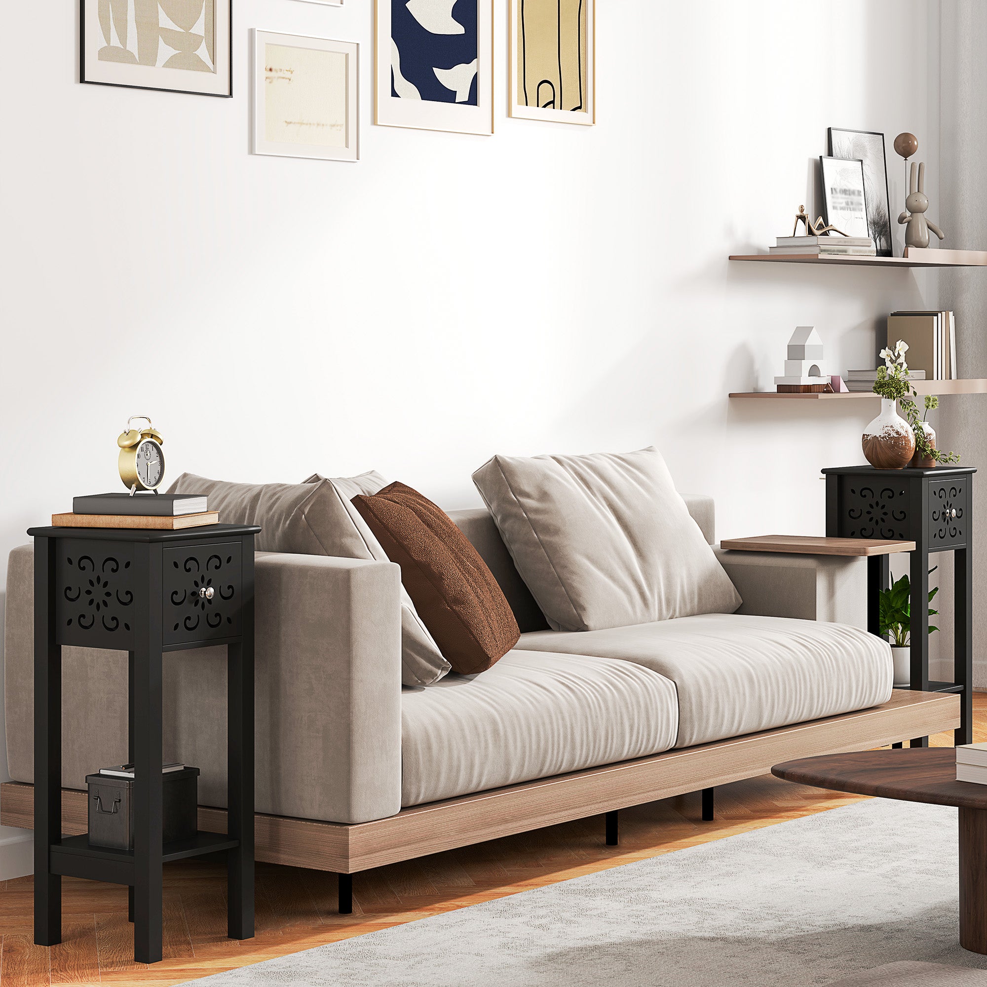 HOMCOM Nightstand Set of 2, Bedside Table Set with Drawer and Open Storage Shelf, End Table Set with Flower-Shaped Design, Black