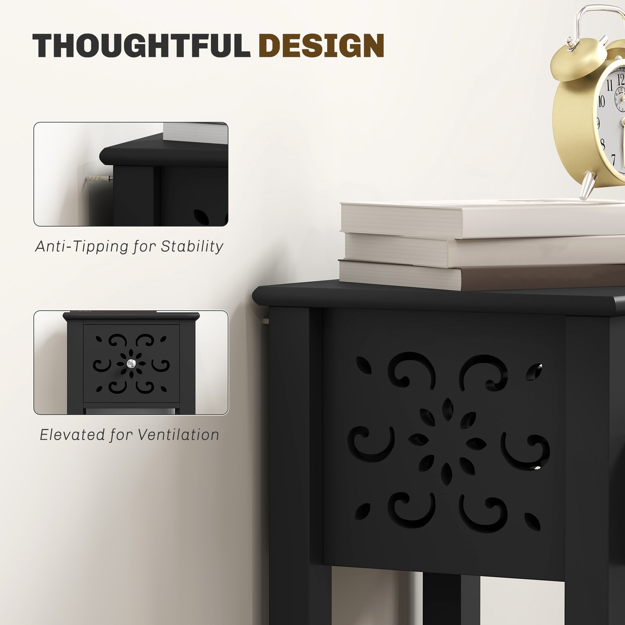 HOMCOM Nightstand Set of 2, Bedside Table Set with Drawer and Open Storage Shelf, End Table Set with Flower-Shaped Design, Black