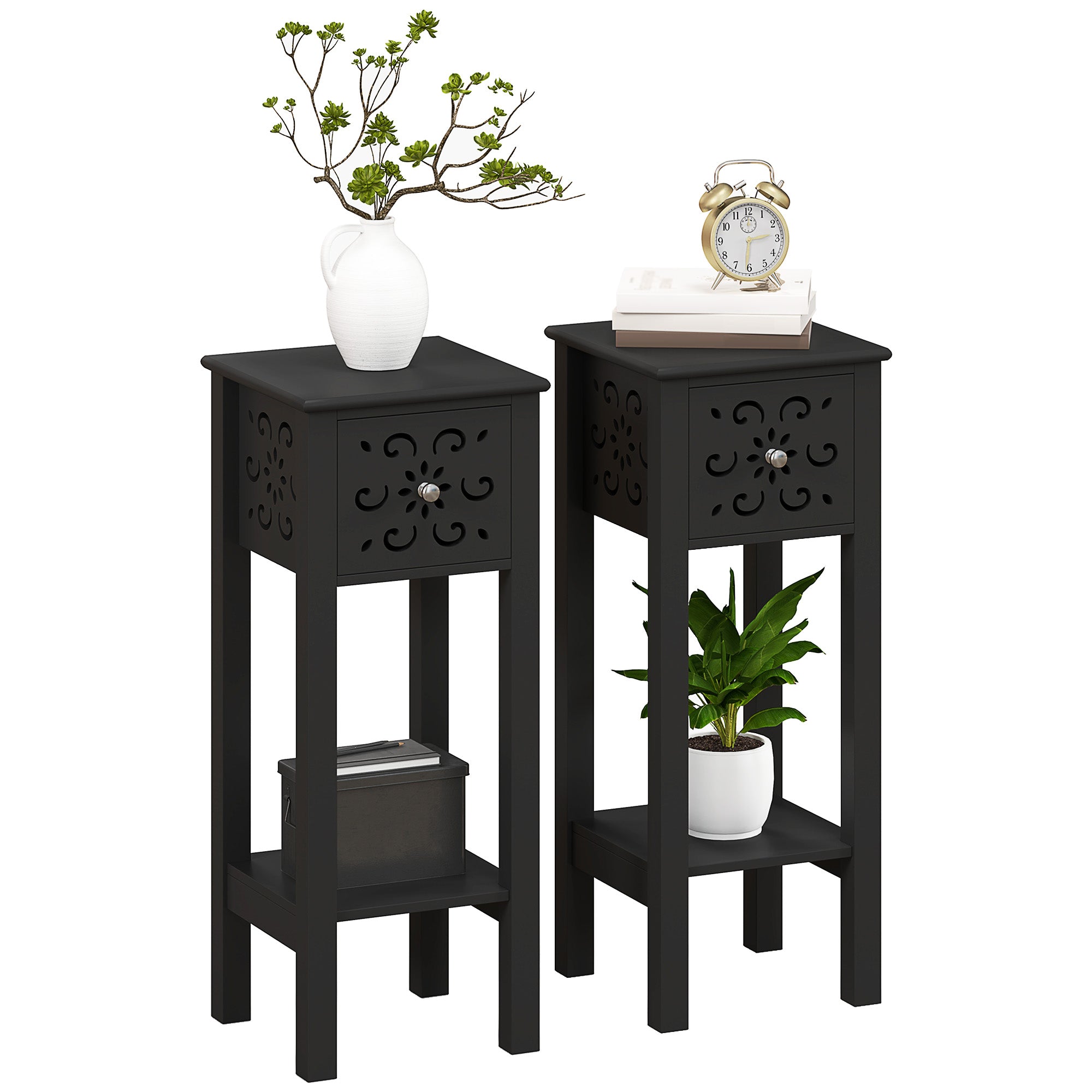 HOMCOM Nightstand Set of 2, Bedside Table Set with Drawer and Open Storage Shelf, End Table Set with Flower-Shaped Design, Black