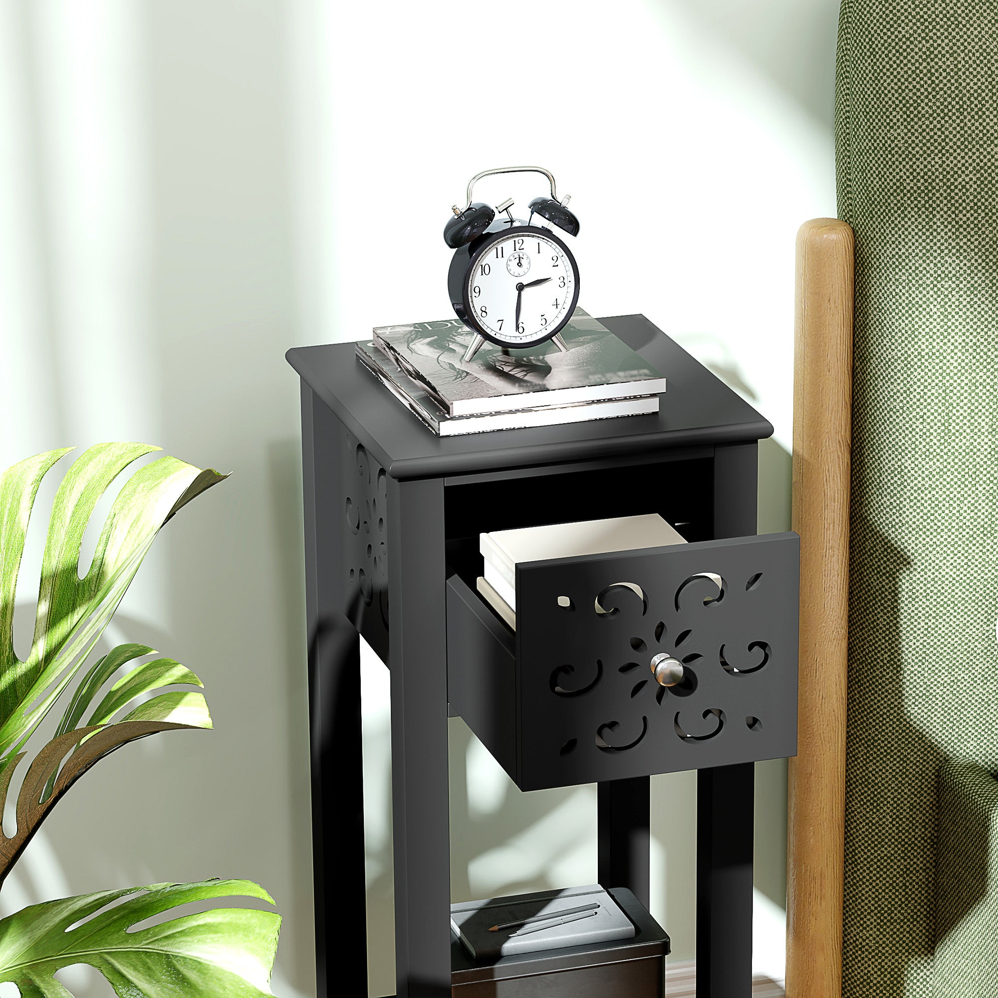 HOMCOM Nightstand Set of 2, Bedside Table Set with Drawer and Open Storage Shelf, End Table Set with Flower-Shaped Design, Black