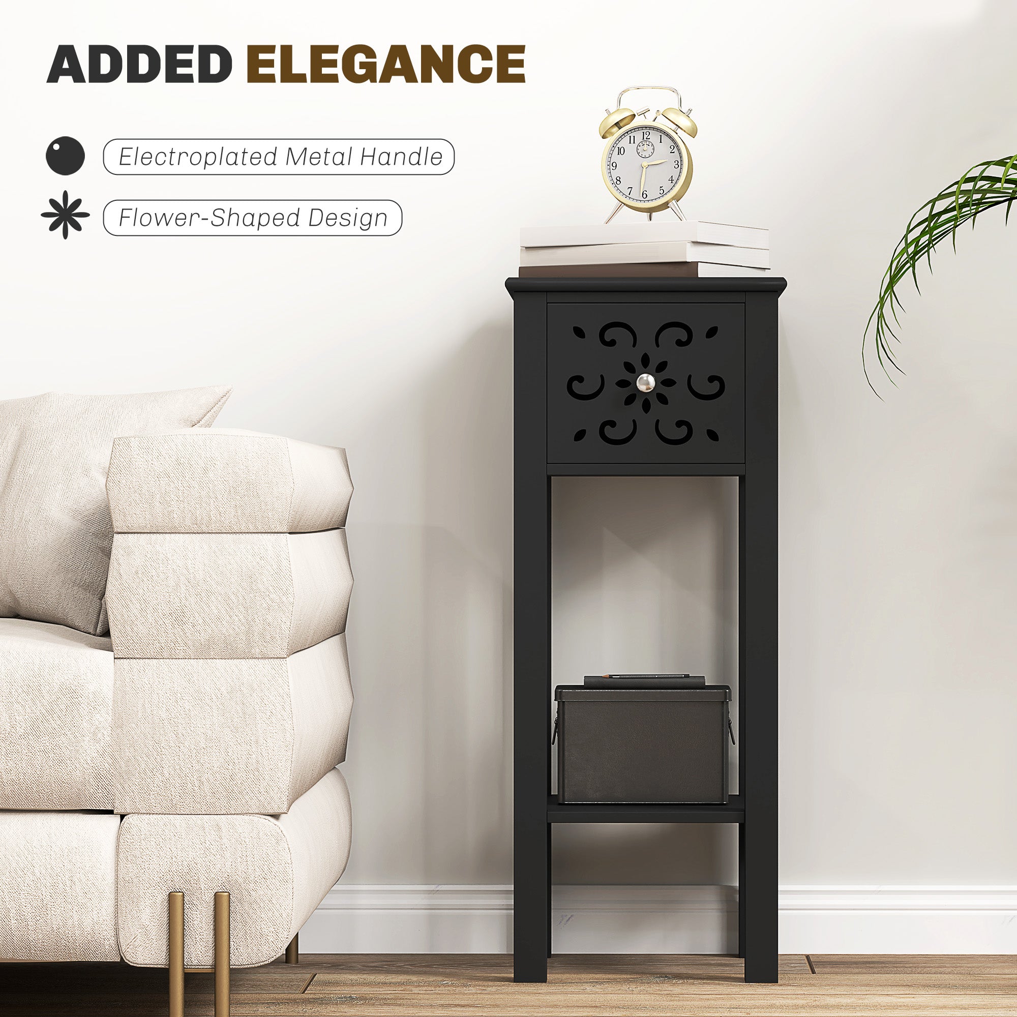 HOMCOM Nightstand Set of 2, Bedside Table Set with Drawer and Open Storage Shelf, End Table Set with Flower-Shaped Design, Black