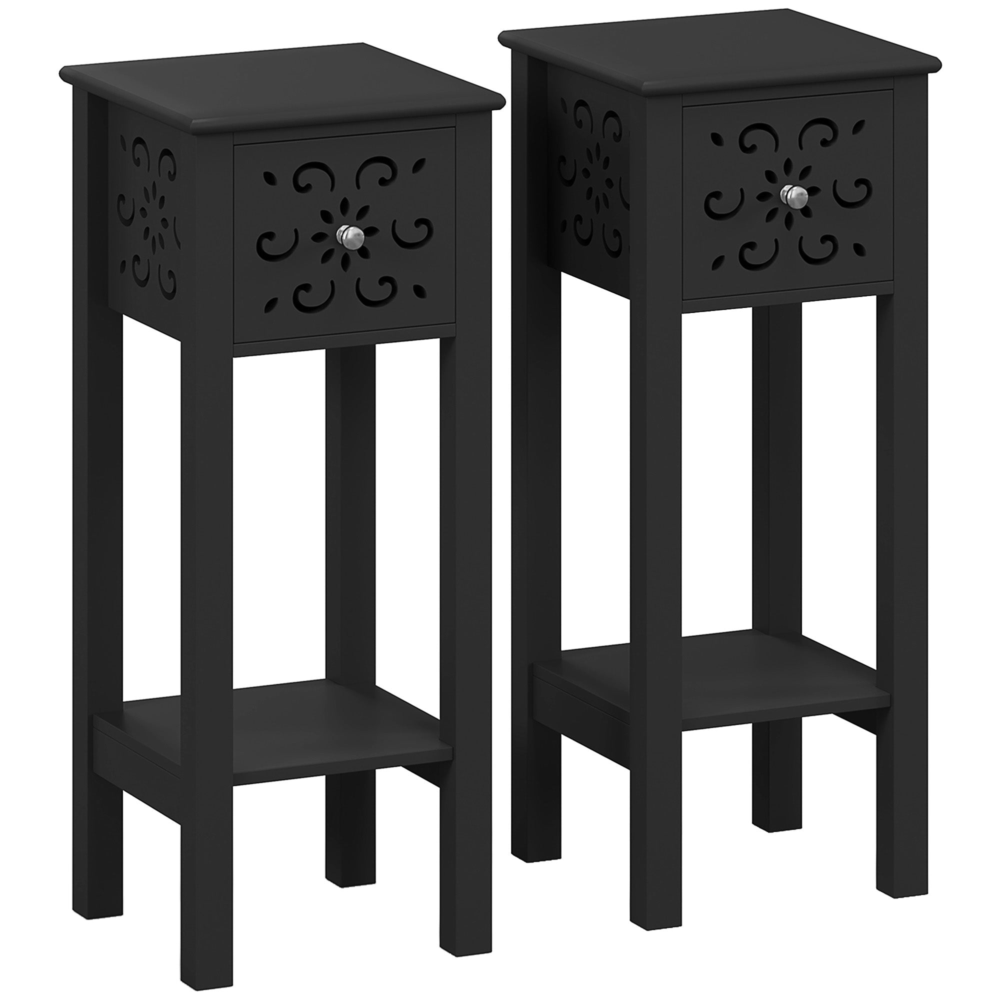 HOMCOM Nightstand Set of 2, Bedside Table Set with Drawer and Open Storage Shelf, End Table Set with Flower-Shaped Design, Black