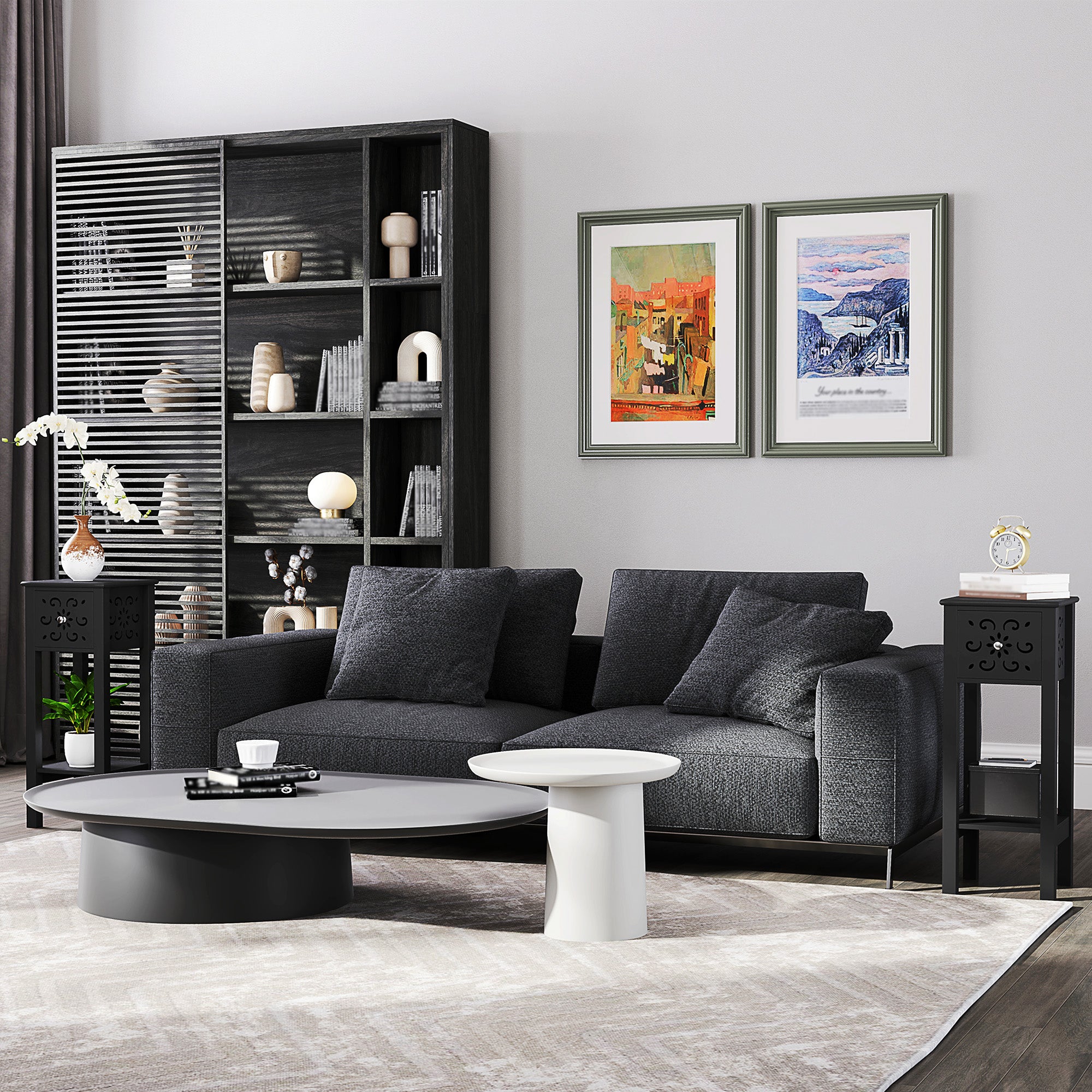 HOMCOM Nightstand Set of 2, Bedside Table Set with Drawer and Open Storage Shelf, End Table Set with Flower-Shaped Design, Black