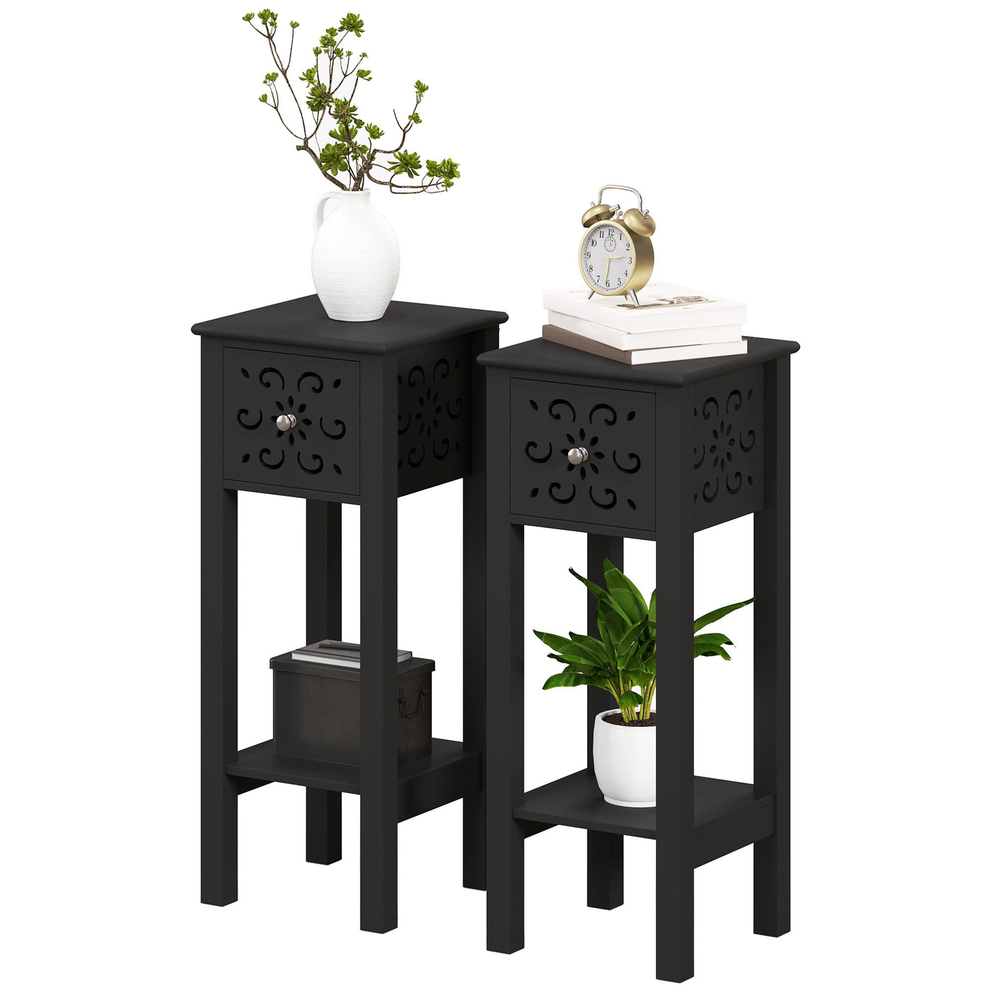HOMCOM Nightstand Set of 2, Bedside Table Set with Drawer and Open Storage Shelf, End Table Set with Flower-Shaped Design, Black