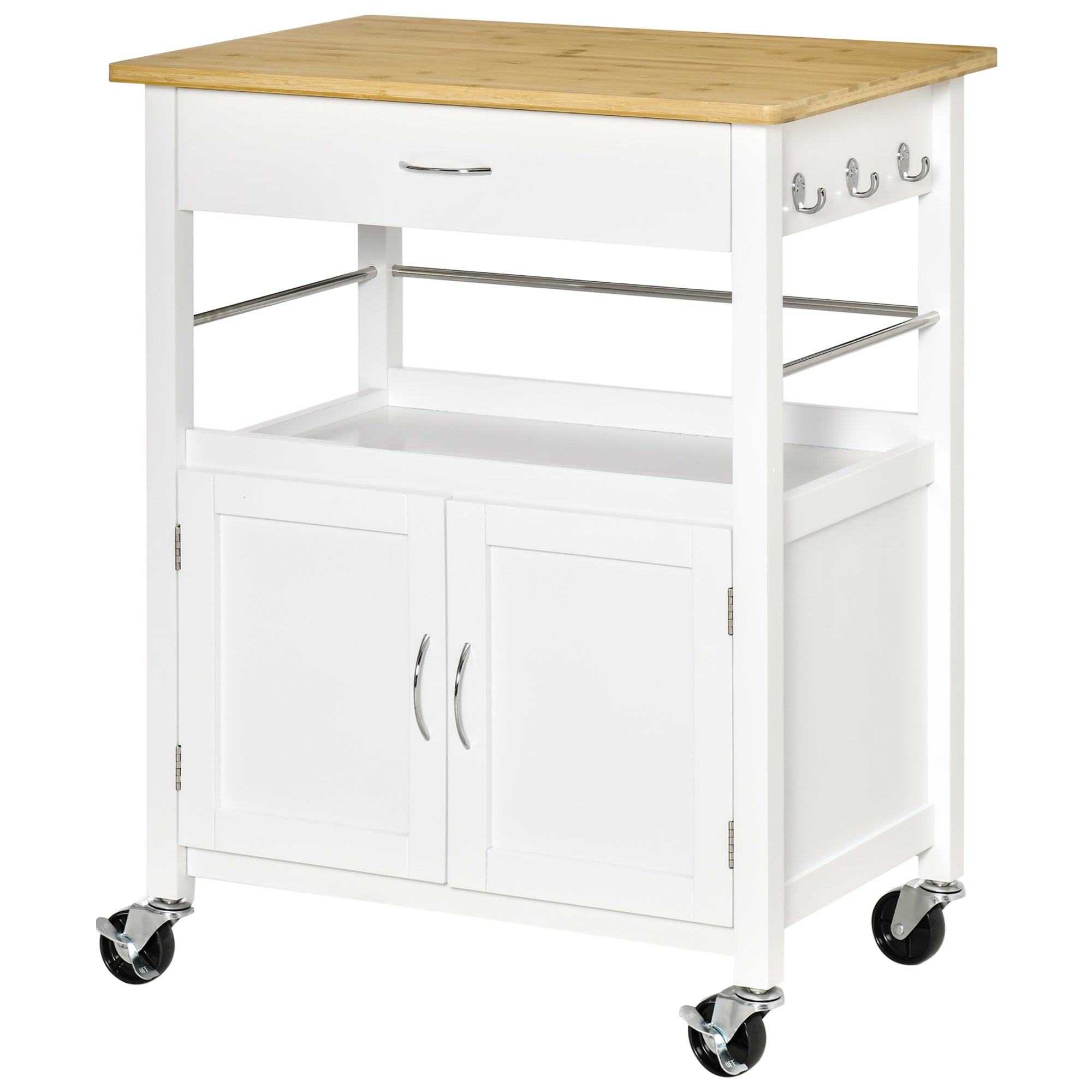 HOMCOM Kitchen Cart, Utility Trolley, Small Kitchen Island with Storage Drawer & Side Hooks for Dining Room, White