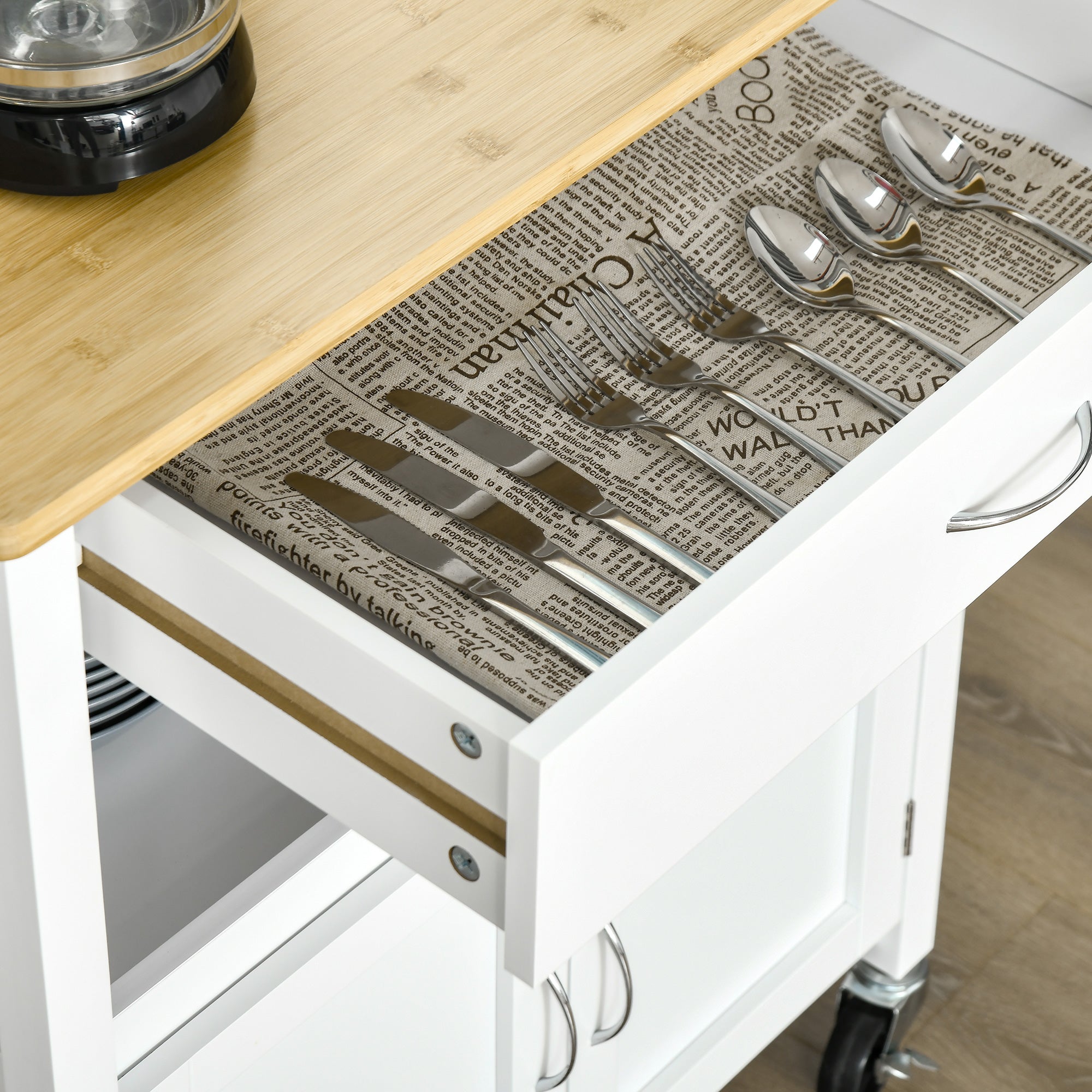 HOMCOM Kitchen Cart, Utility Trolley, Small Kitchen Island with Storage Drawer & Side Hooks for Dining Room, White