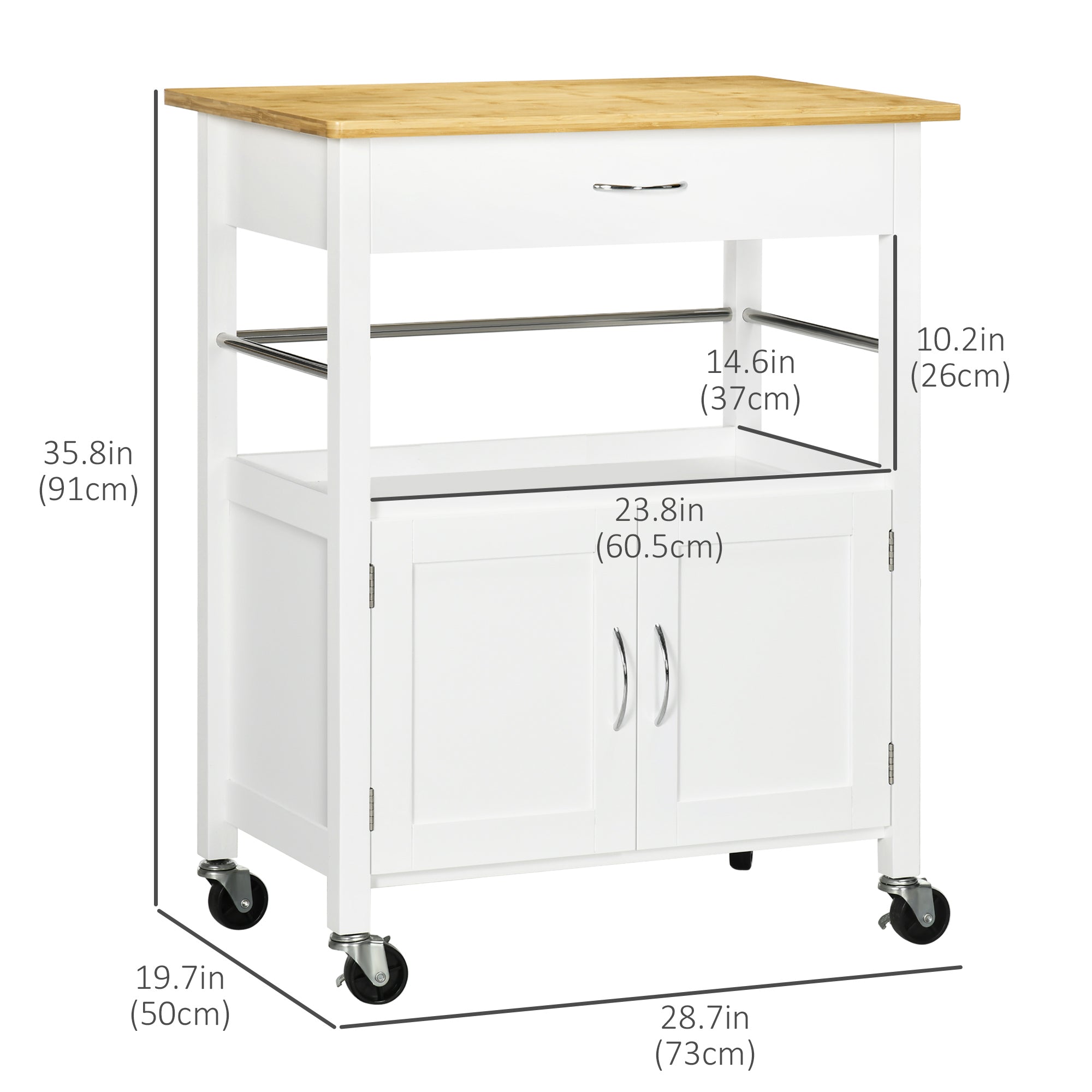 HOMCOM Kitchen Cart, Utility Trolley, Small Kitchen Island with Storage Drawer & Side Hooks for Dining Room, White