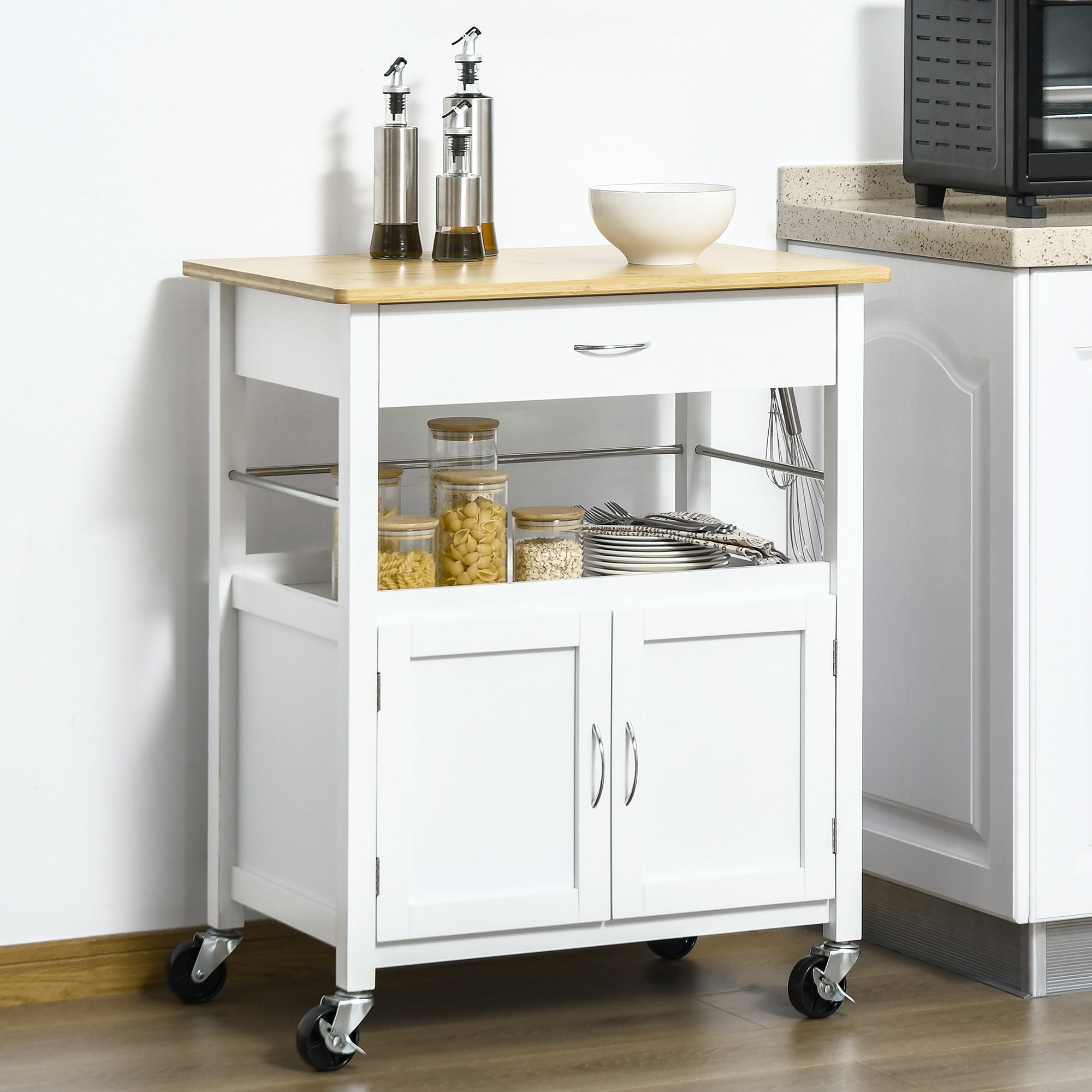 HOMCOM Kitchen Cart, Utility Trolley, Small Kitchen Island with Storage Drawer & Side Hooks for Dining Room, White