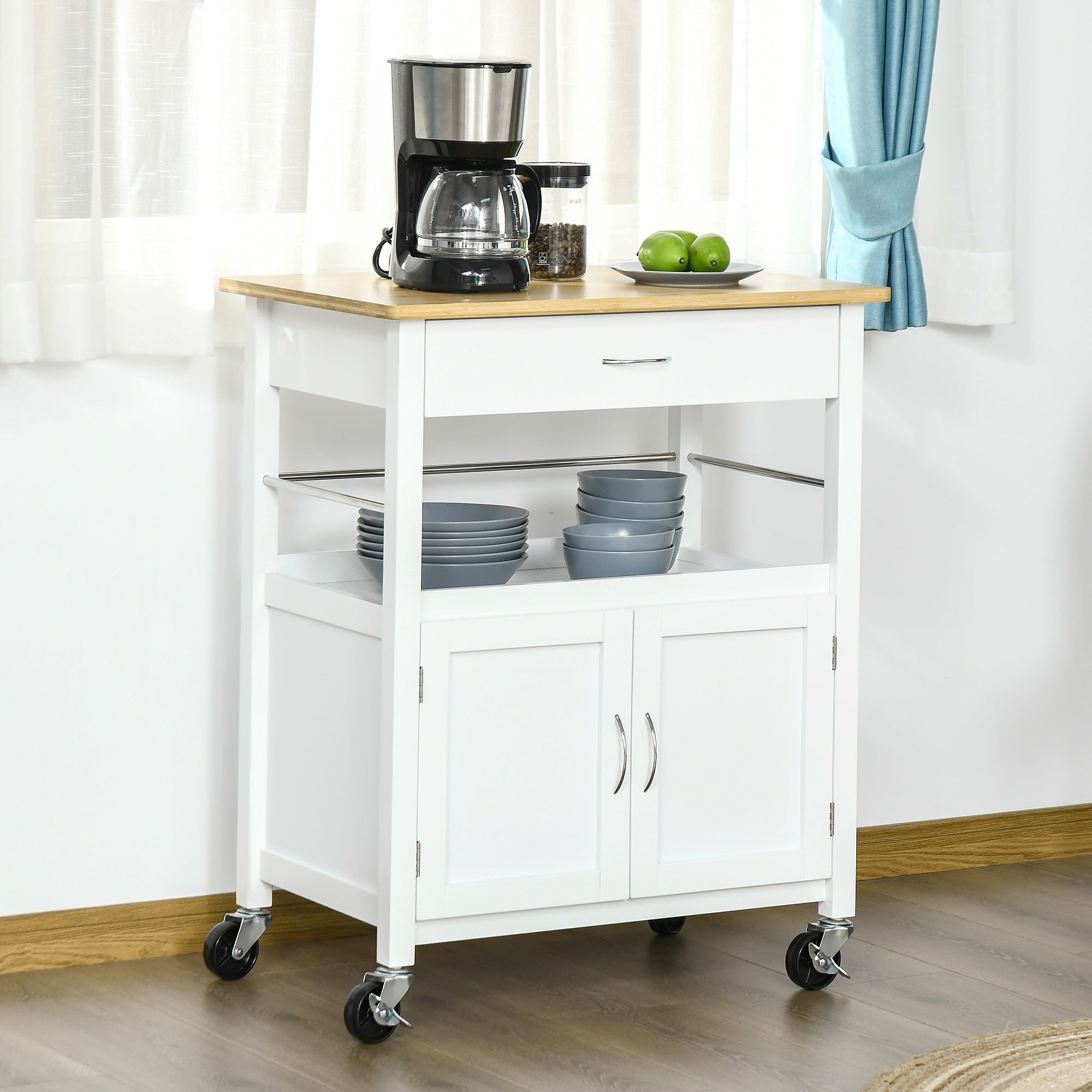 HOMCOM Kitchen Cart, Utility Trolley, Small Kitchen Island with Storage Drawer & Side Hooks for Dining Room, White