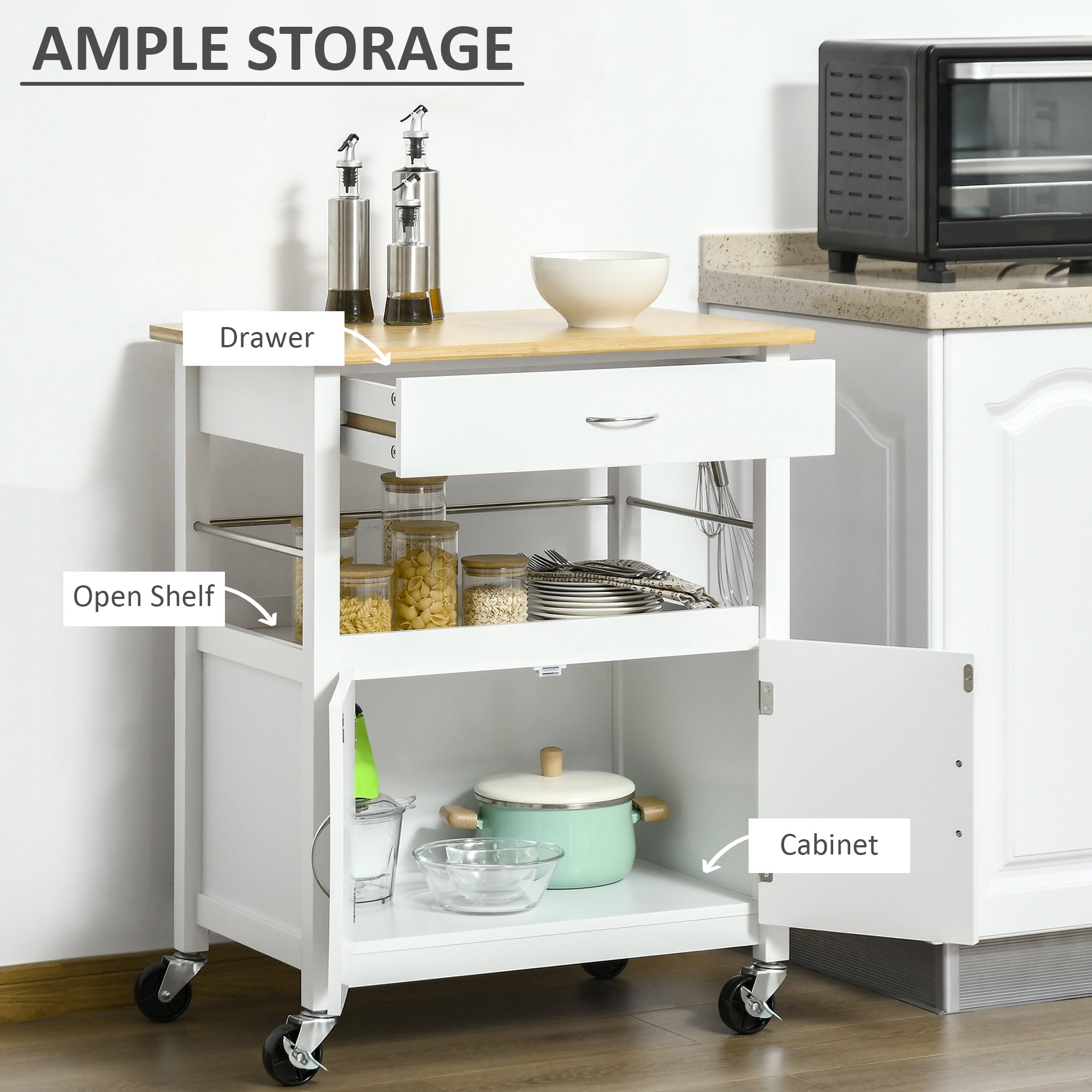 HOMCOM Kitchen Cart, Utility Trolley, Small Kitchen Island with Storage Drawer & Side Hooks for Dining Room, White