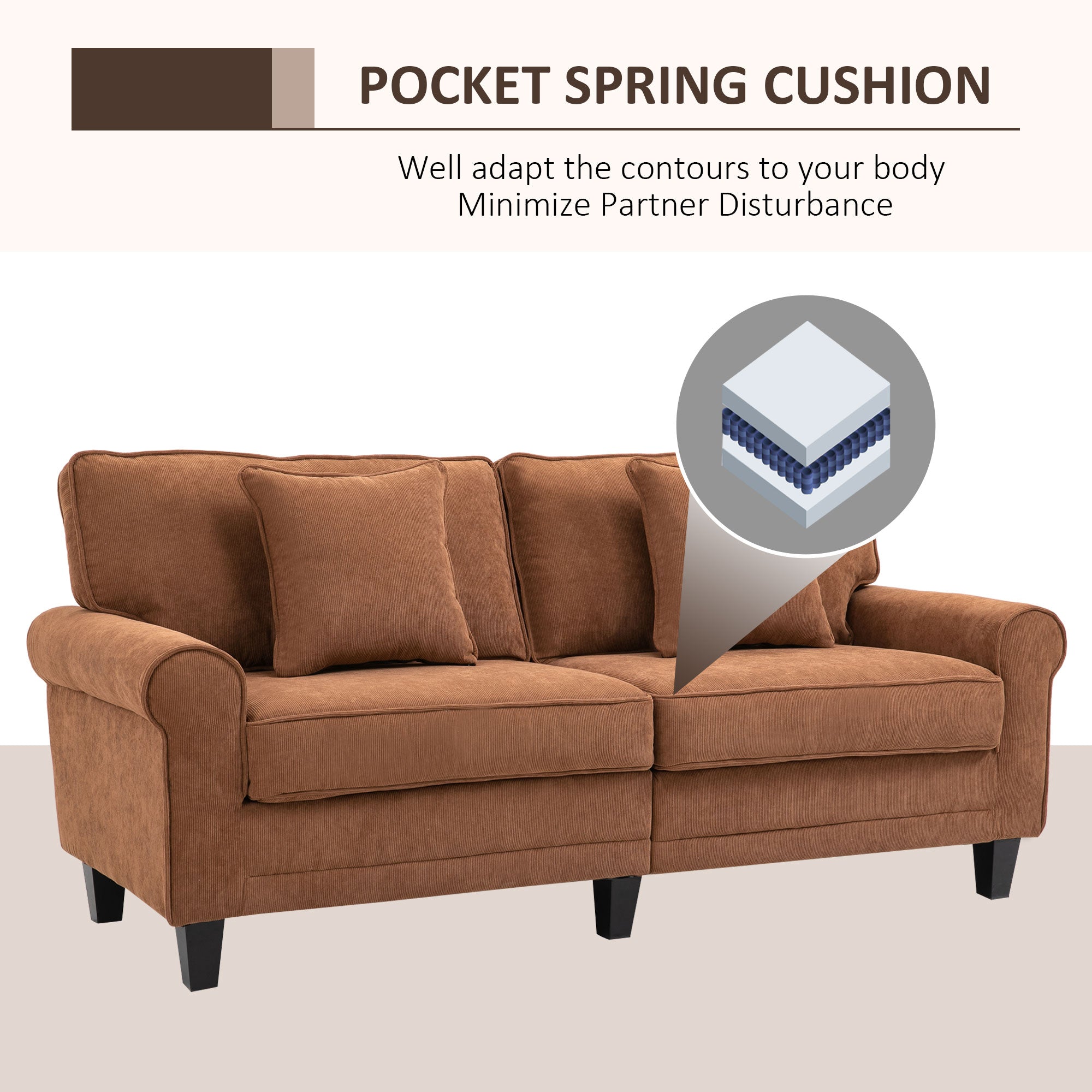 HOMCOM Modern 3-Seater Sofa, Upholstered Corduroy Fabric Couch with Pine Wood Legs, Pillows, Rolled Arms for Living Room, Brown