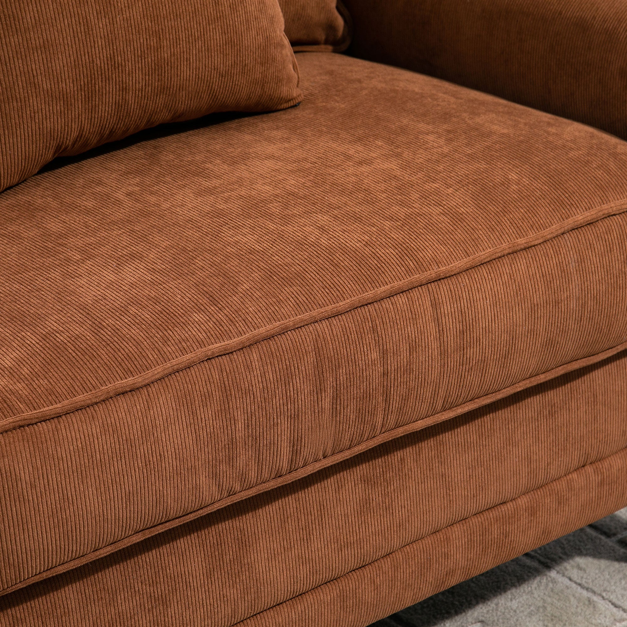 HOMCOM Modern 3-Seater Sofa, Upholstered Corduroy Fabric Couch with Pine Wood Legs, Pillows, Rolled Arms for Living Room, Brown