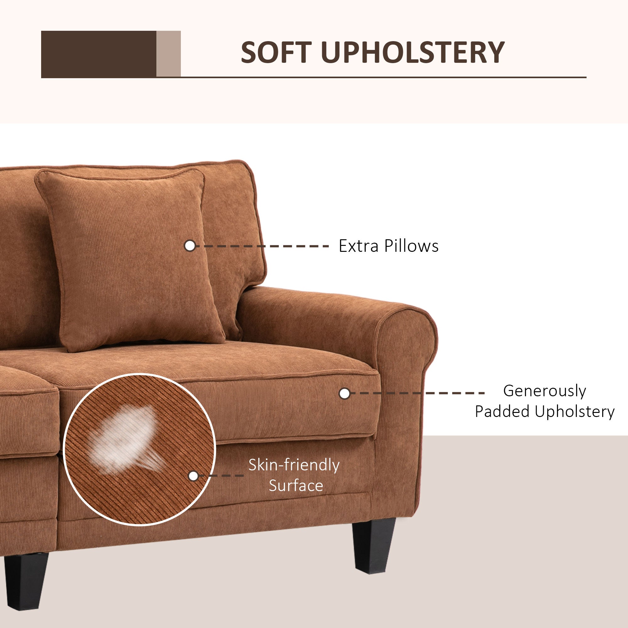HOMCOM Modern 3-Seater Sofa, Upholstered Corduroy Fabric Couch with Pine Wood Legs, Pillows, Rolled Arms for Living Room, Brown