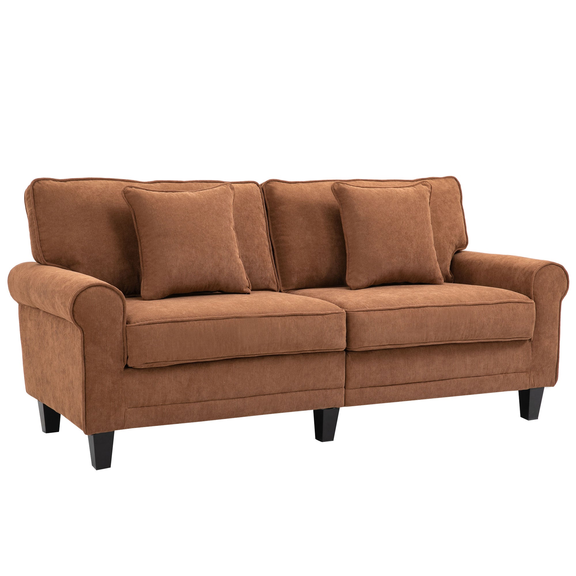 HOMCOM Modern 3-Seater Sofa, Upholstered Corduroy Fabric Couch with Pine Wood Legs, Pillows, Rolled Arms for Living Room, Brown