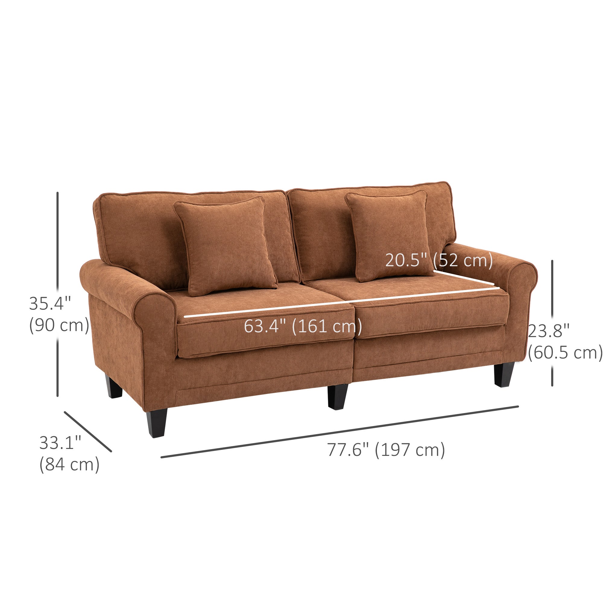 HOMCOM Modern 3-Seater Sofa, Upholstered Corduroy Fabric Couch with Pine Wood Legs, Pillows, Rolled Arms for Living Room, Brown