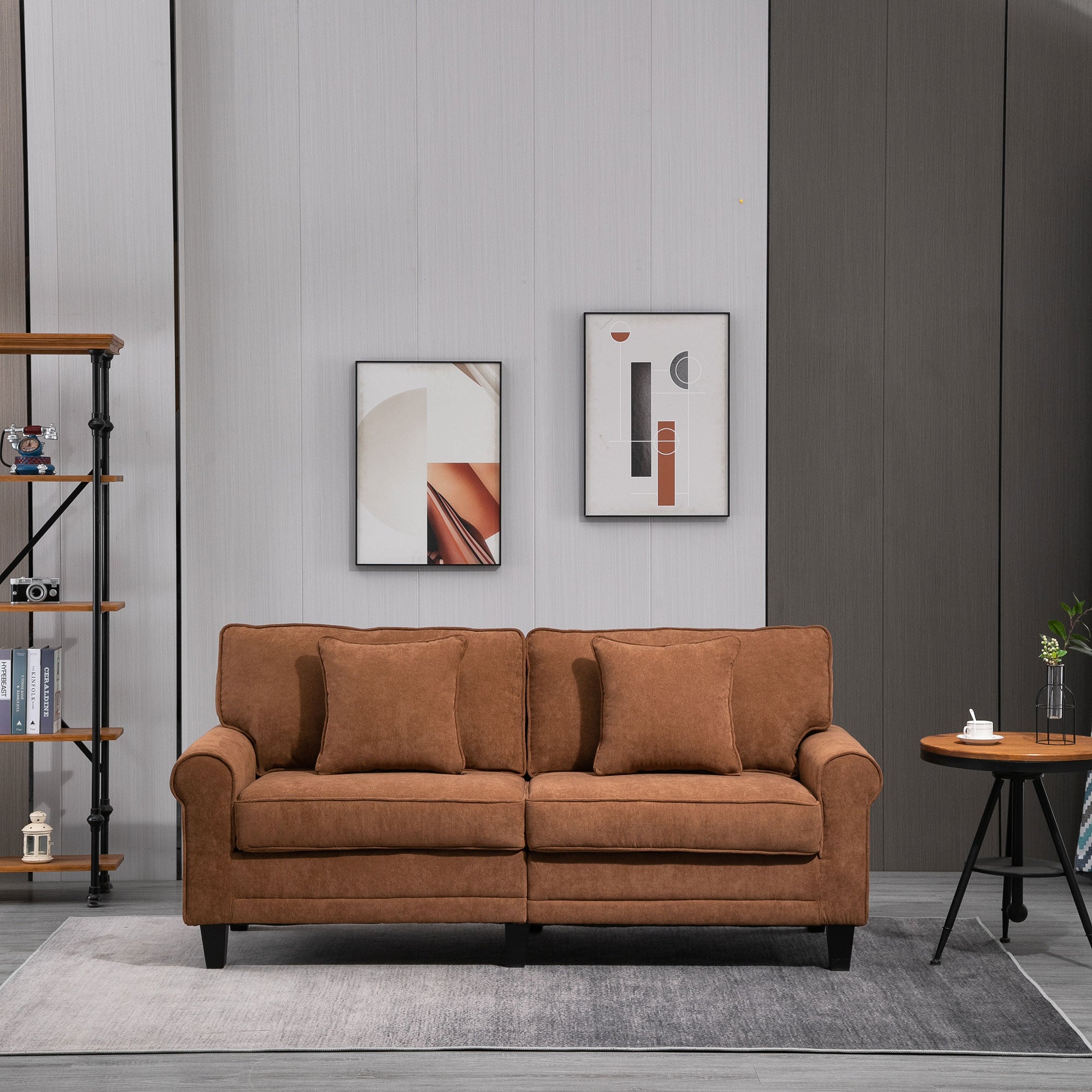 HOMCOM Modern 3-Seater Sofa, Upholstered Corduroy Fabric Couch with Pine Wood Legs, Pillows, Rolled Arms for Living Room, Brown