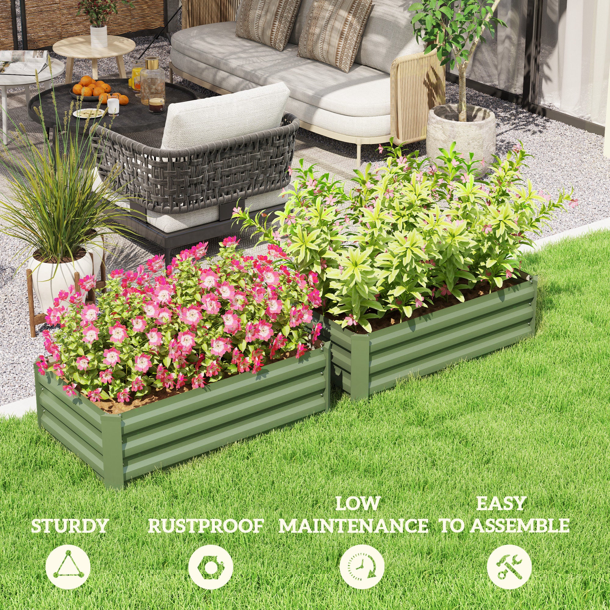 Outsunny Set of 2 Raised Garden Beds, Galvanized Planters for Outdoor Plants, Elevated Planter Box, Easy-to-assemble, for Growing Flowers, Herbs and Vegetables, Green