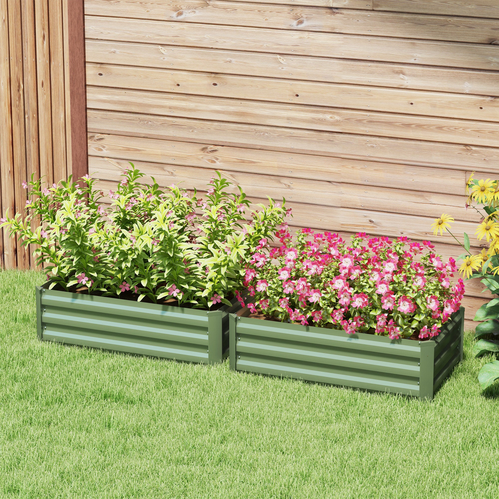 Outsunny Set of 2 Raised Garden Beds, Galvanized Planters for Outdoor Plants, Elevated Planter Box, Easy-to-assemble, for Growing Flowers, Herbs and Vegetables, Green