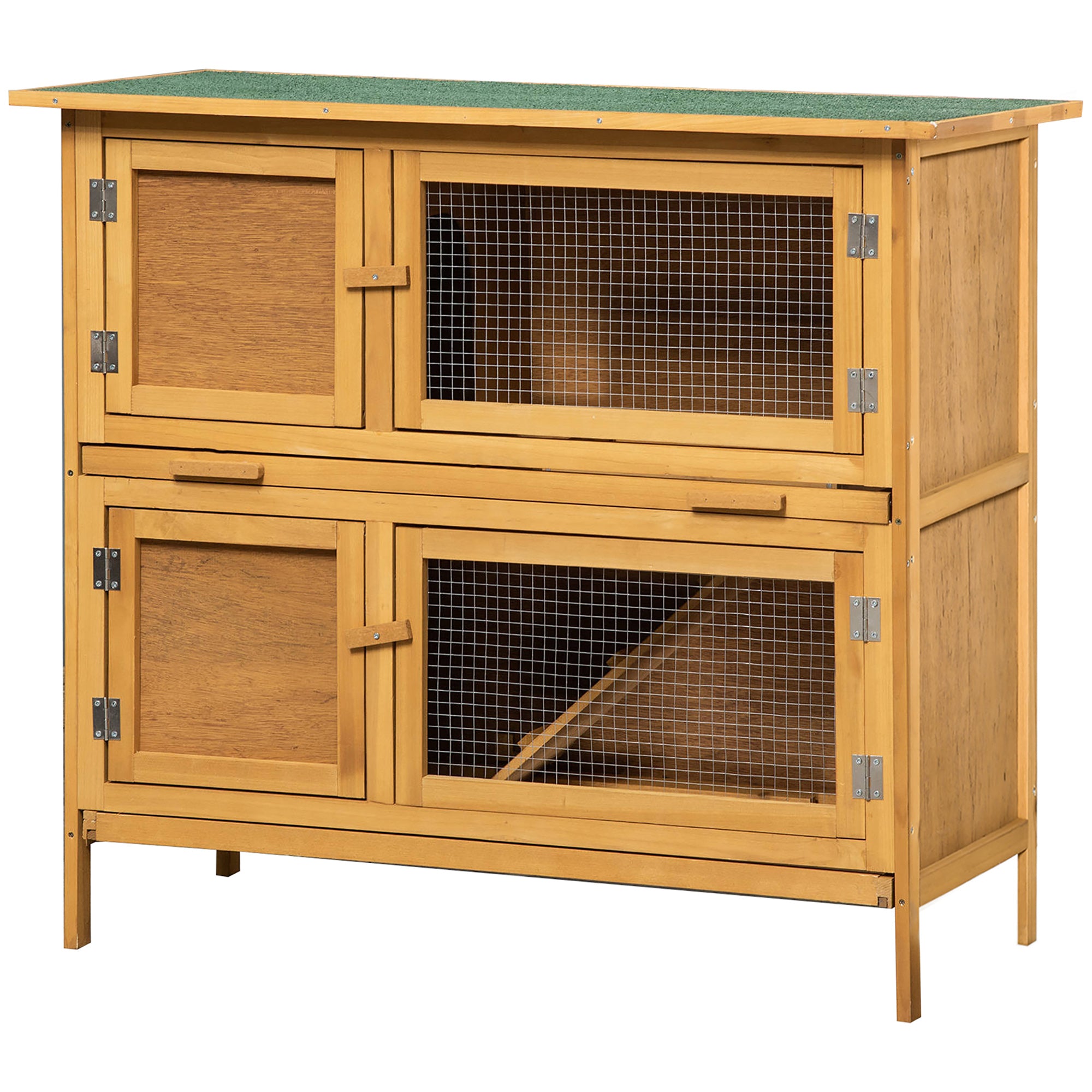PawHut Solid Wood Rabbit/Bunny Hutch with 2 Large Main Rooms, Protection from UV Rays and Water, and Firm Cage, Yellow