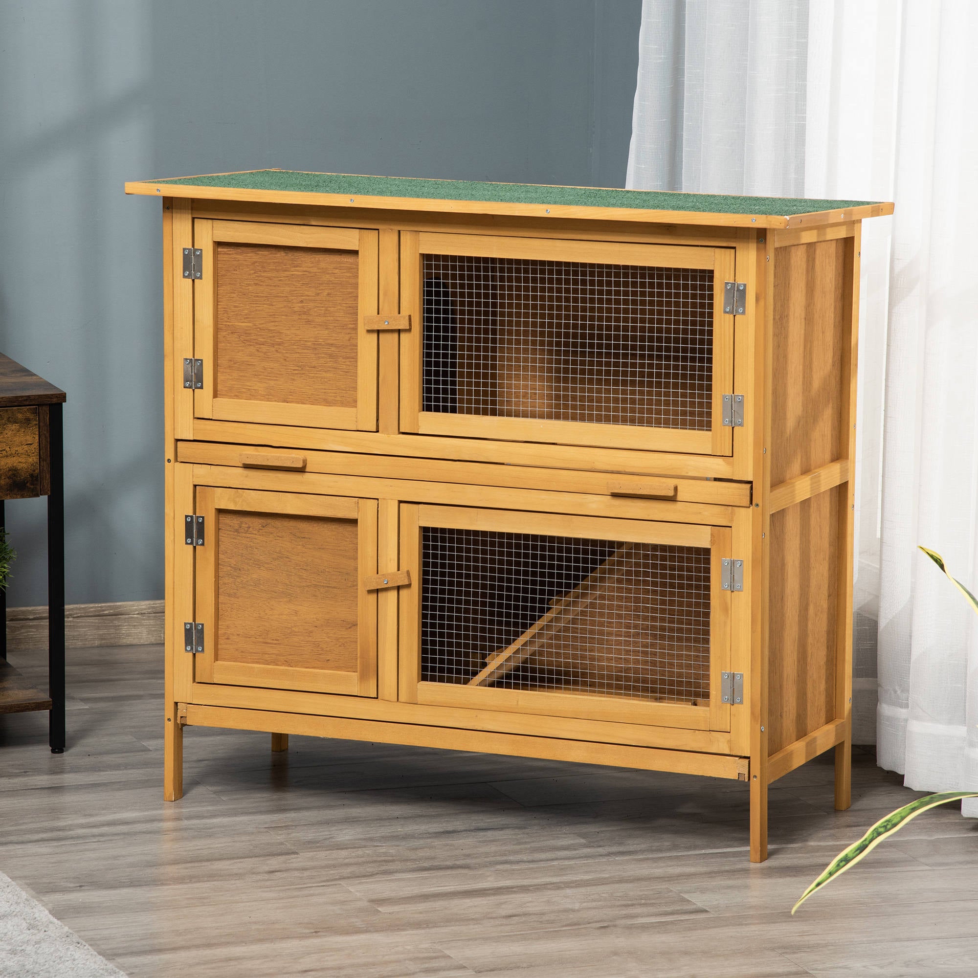 PawHut Solid Wood Rabbit/Bunny Hutch with 2 Large Main Rooms, Protection from UV Rays and Water, and Firm Cage, Yellow