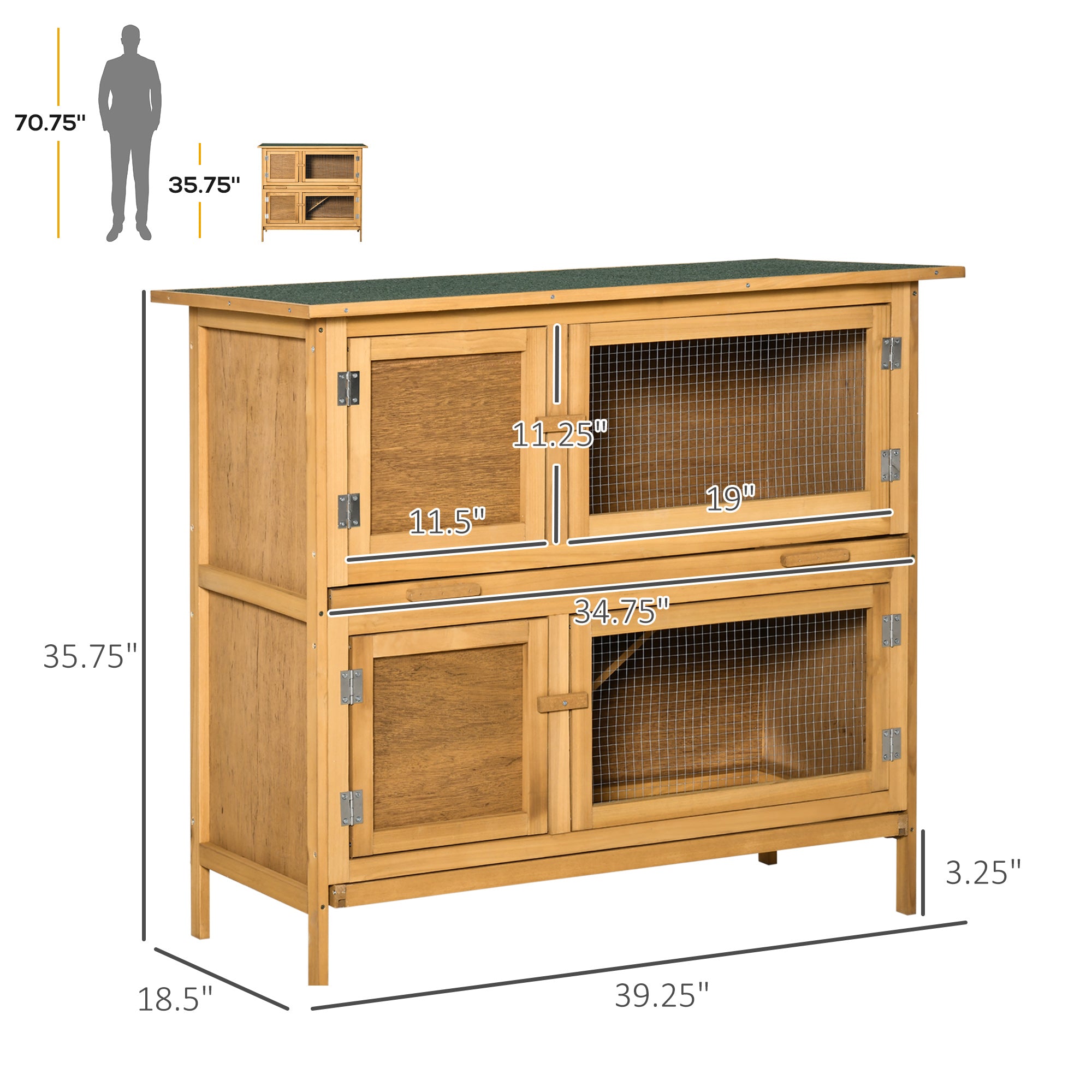 PawHut Solid Wood Rabbit/Bunny Hutch with 2 Large Main Rooms, Protection from UV Rays and Water, and Firm Cage, Yellow