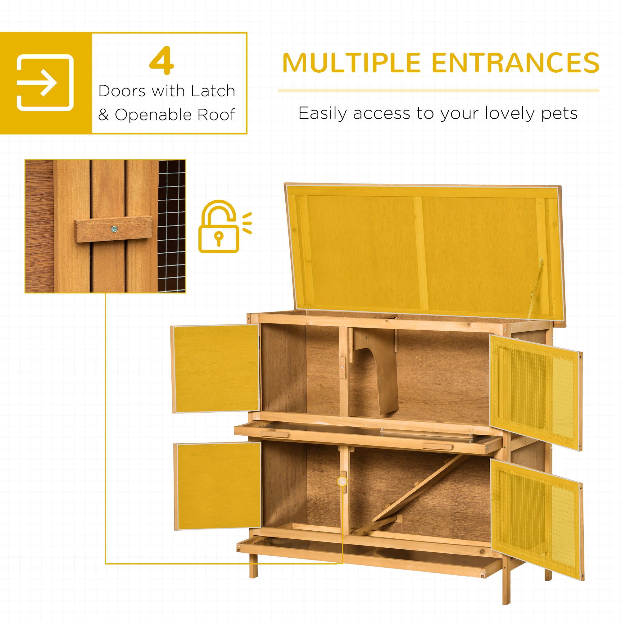 PawHut Solid Wood Rabbit/Bunny Hutch with 2 Large Main Rooms, Protection from UV Rays and Water, and Firm Cage, Yellow