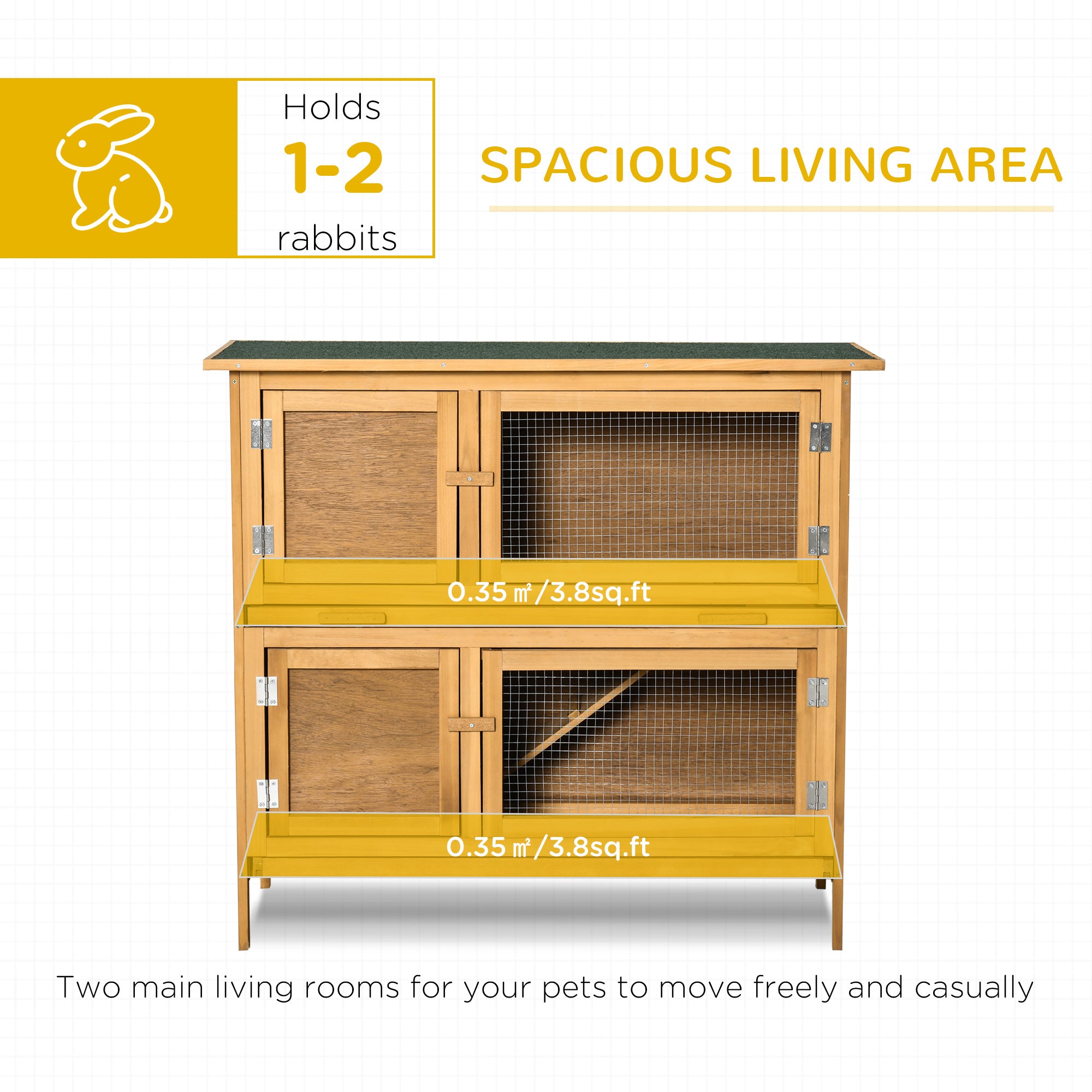 PawHut Solid Wood Rabbit/Bunny Hutch with 2 Large Main Rooms, Protection from UV Rays and Water, and Firm Cage, Yellow