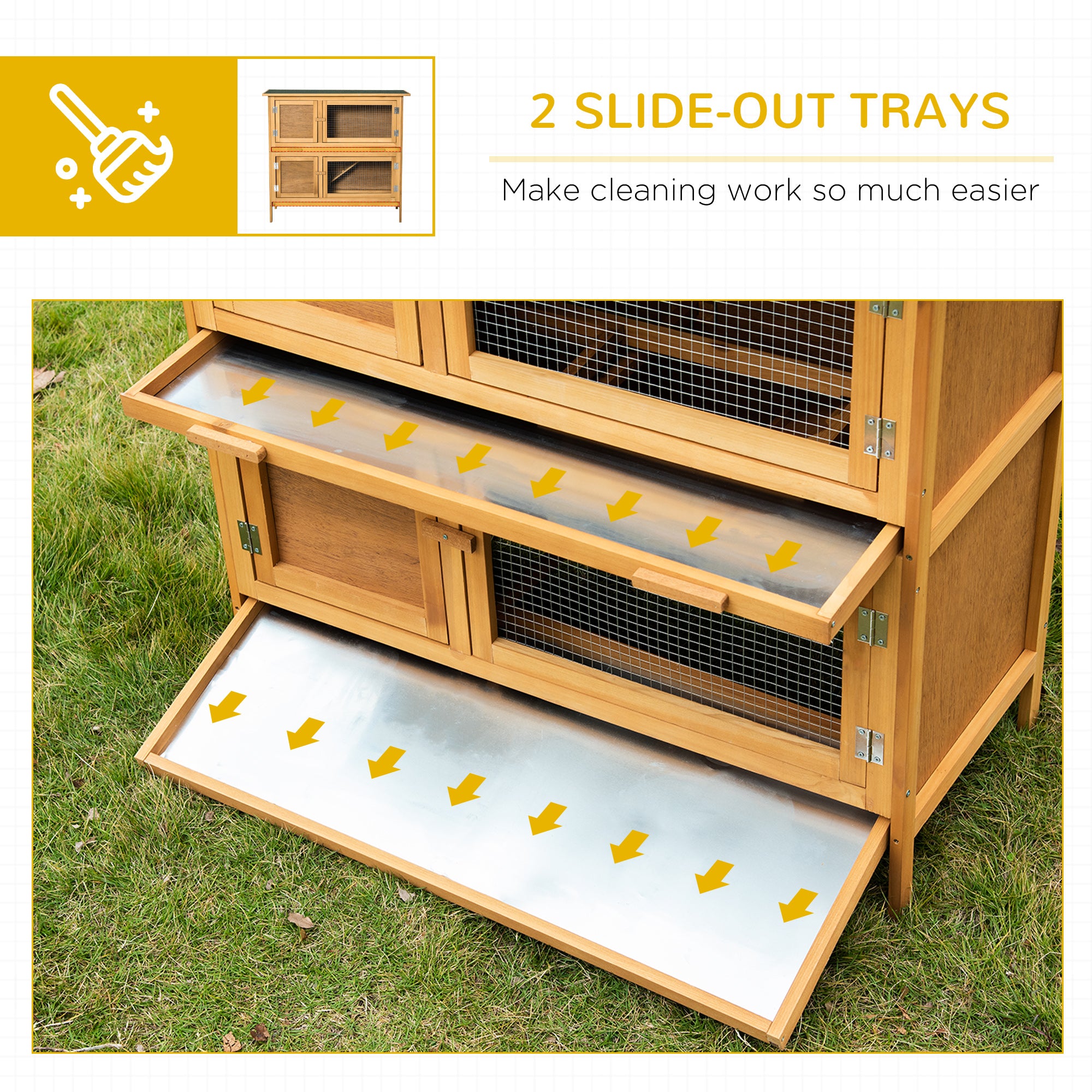 PawHut Solid Wood Rabbit/Bunny Hutch with 2 Large Main Rooms, Protection from UV Rays and Water, and Firm Cage, Yellow