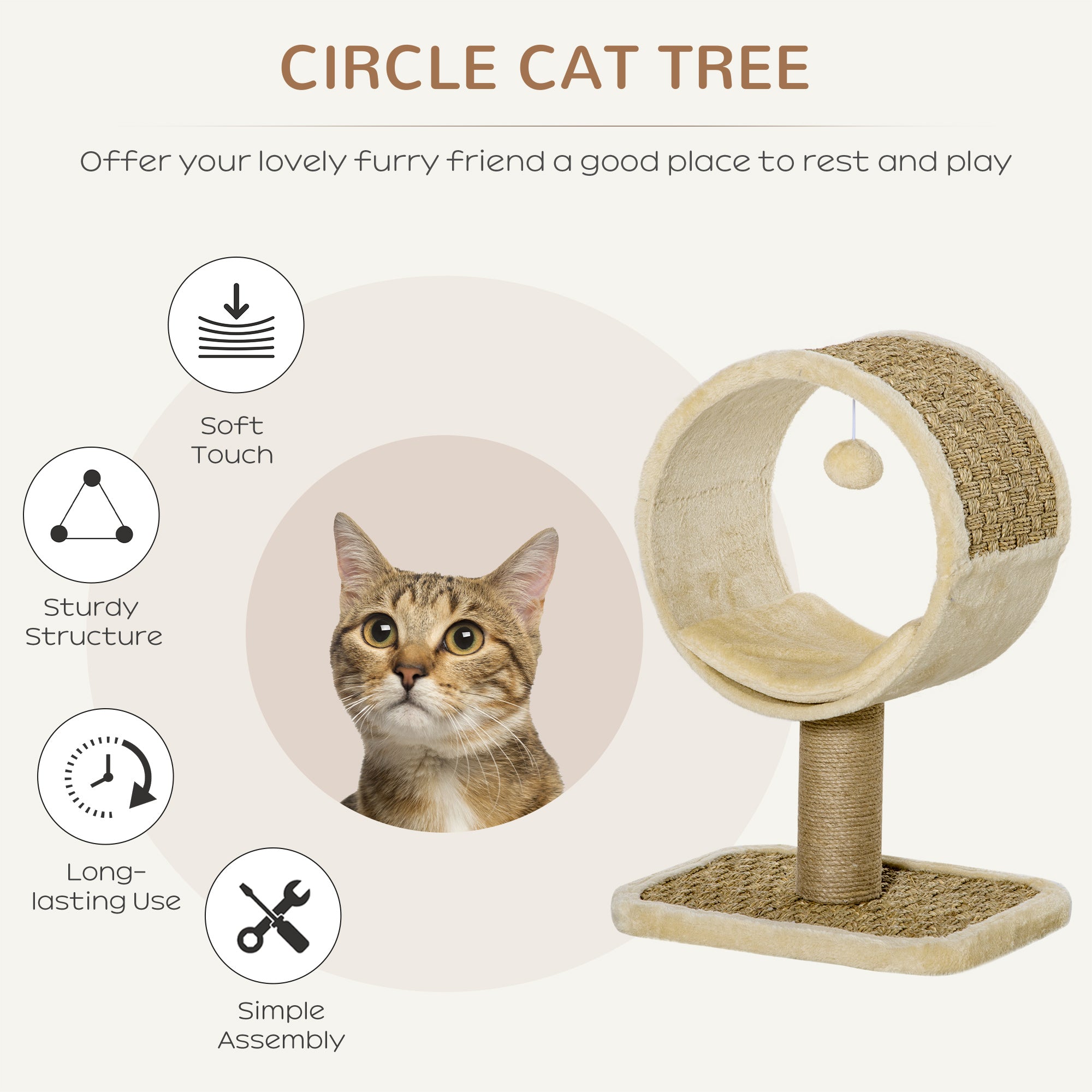 PawHut Cat Tree Tower for Indoor Cats Climbing Activity Center Kitten Furniture with Jute Scratching Post Interactive Toy Cushion 40 x 30 x 56cm Brown