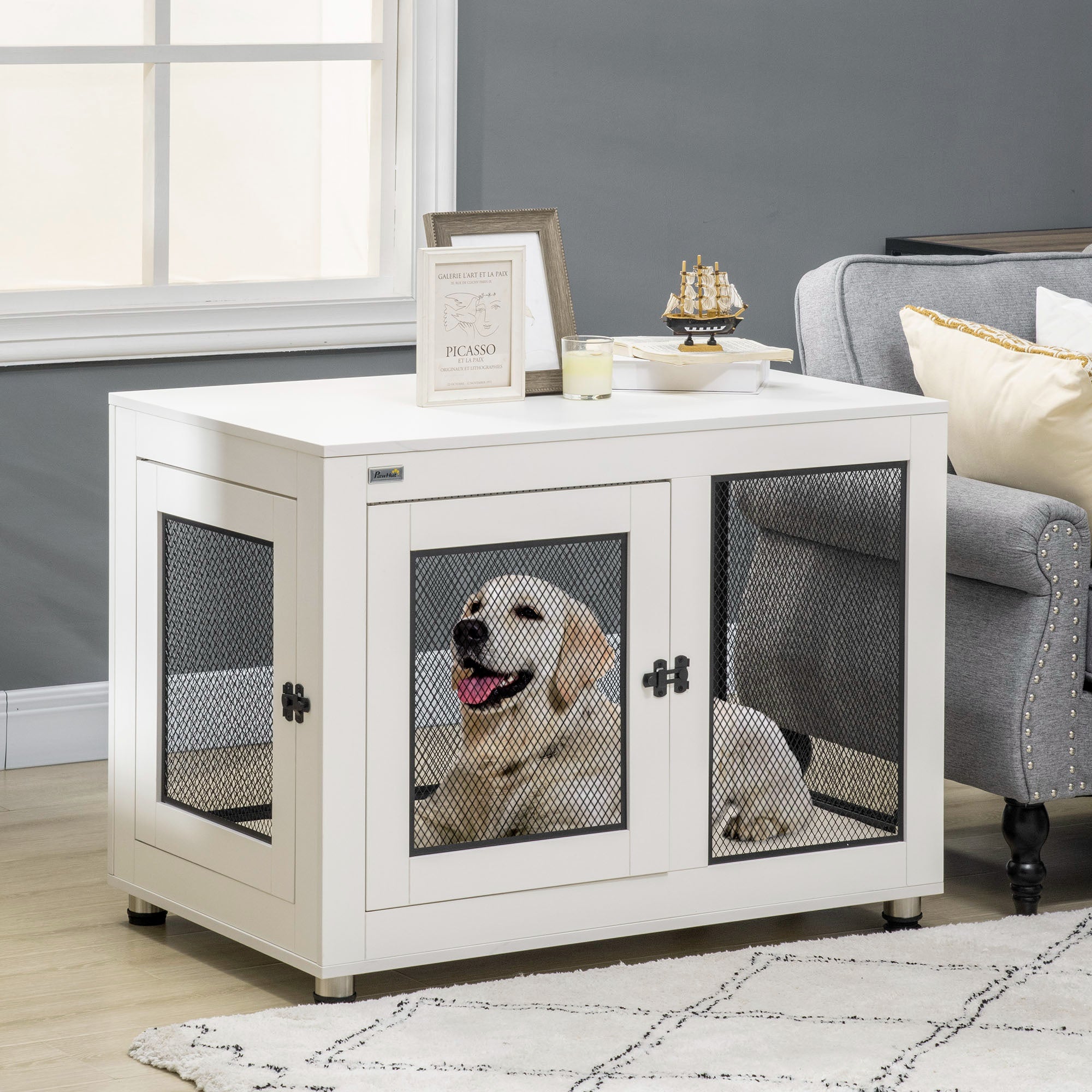 PawHut 37" Double-Door Dog Crate Furniture for Large Medium Dogs, Pet Crate End Table with Water-Resistant Cushion, Wooden Dog Cage Kennel Furniture for Indoor Use, White