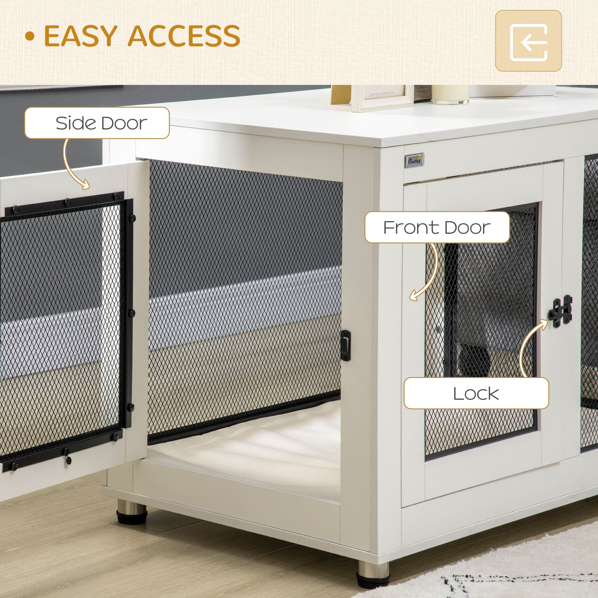 PawHut Dog Crate Furniture, 37" Dog Kennel Furniture with Water-Resistant Cushion, Double Doors for Large Dogs, Dog Crate End Table for Indoor Use, White