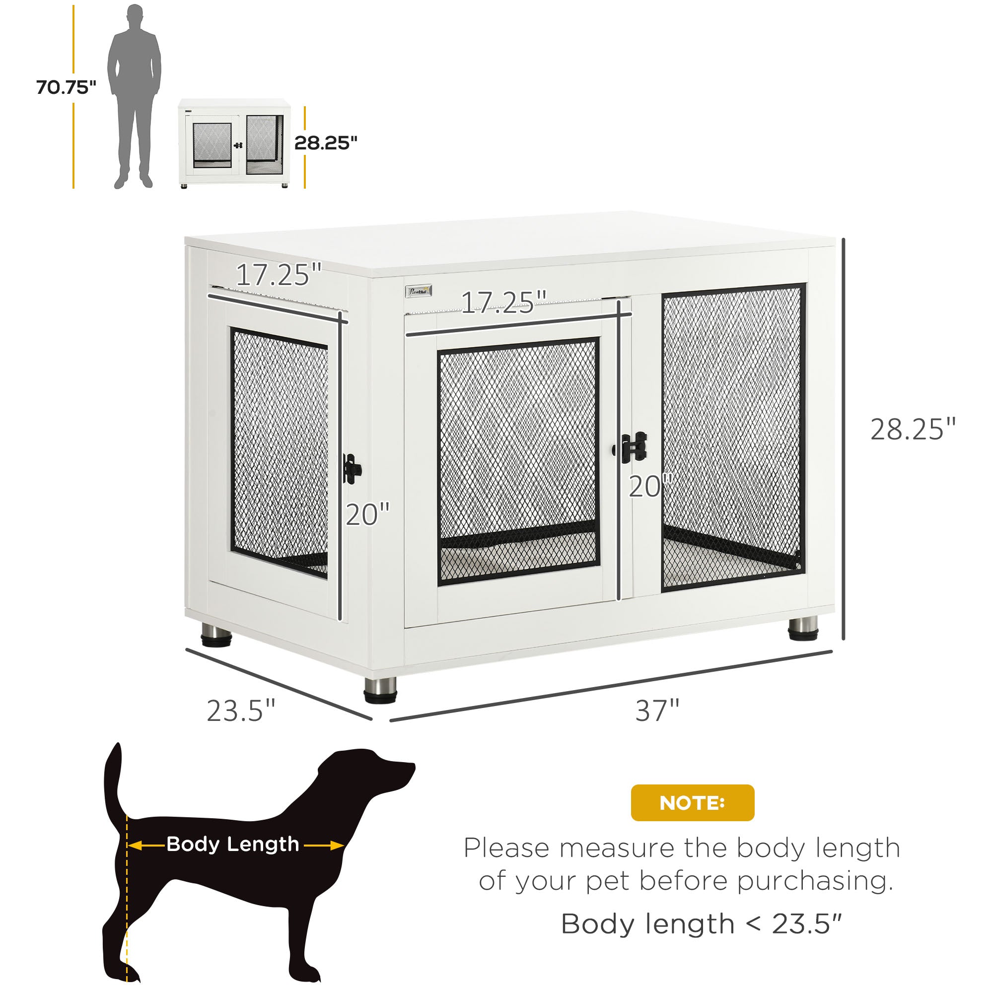 PawHut Dog Crate Furniture, 37" Dog Kennel Furniture with Water-Resistant Cushion, Double Doors for Large Dogs, Dog Crate End Table for Indoor Use, White