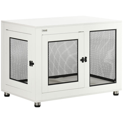 PawHut Dog Crate Furniture, 37" Dog Kennel Furniture with Water-Resistant Cushion, Double Doors for Large Dogs, Dog Crate End Table for Indoor Use, White