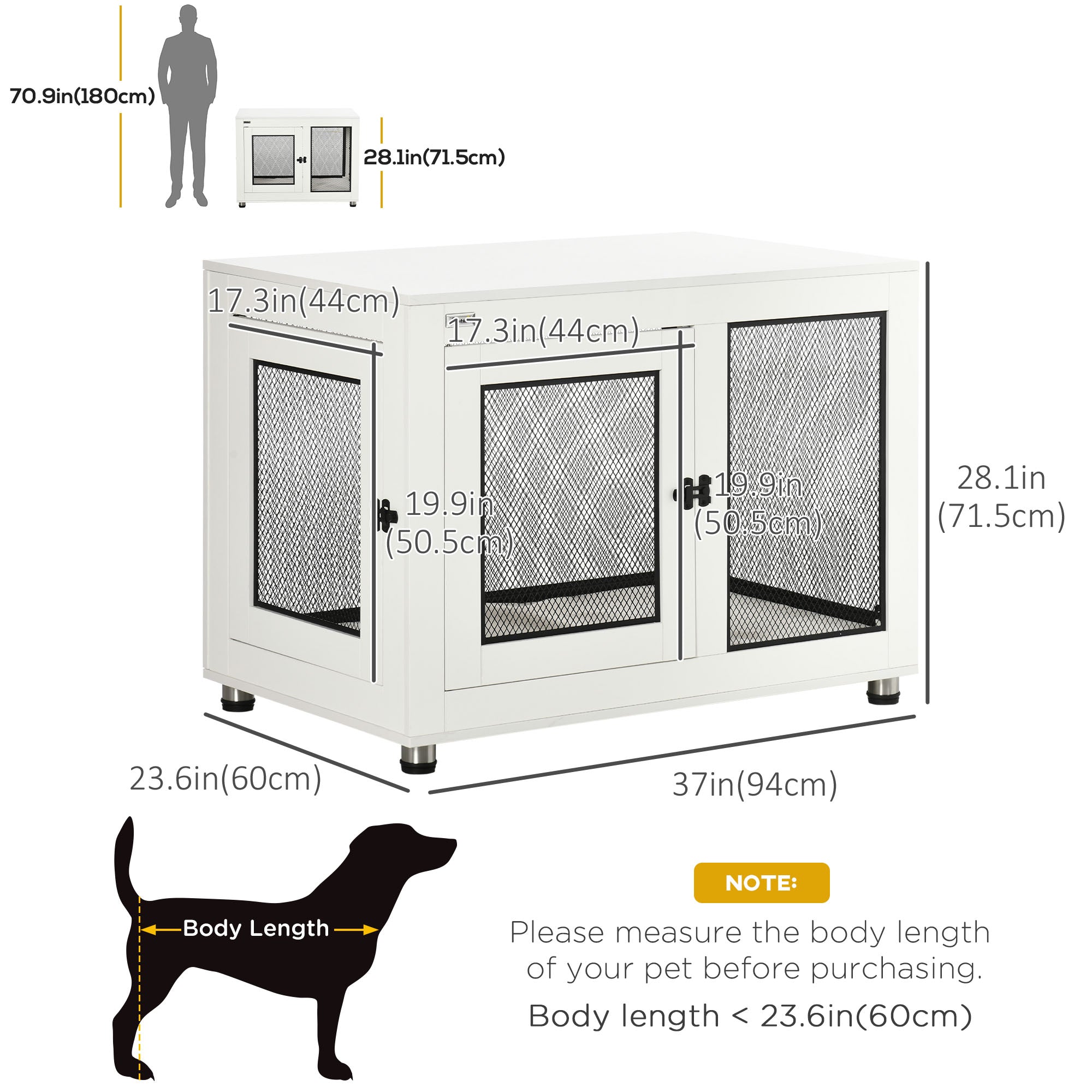 PawHut 37" Double-Door Dog Crate Furniture for Large Medium Dogs, Pet Crate End Table with Water-Resistant Cushion, Wooden Dog Cage Kennel Furniture for Indoor Use, White