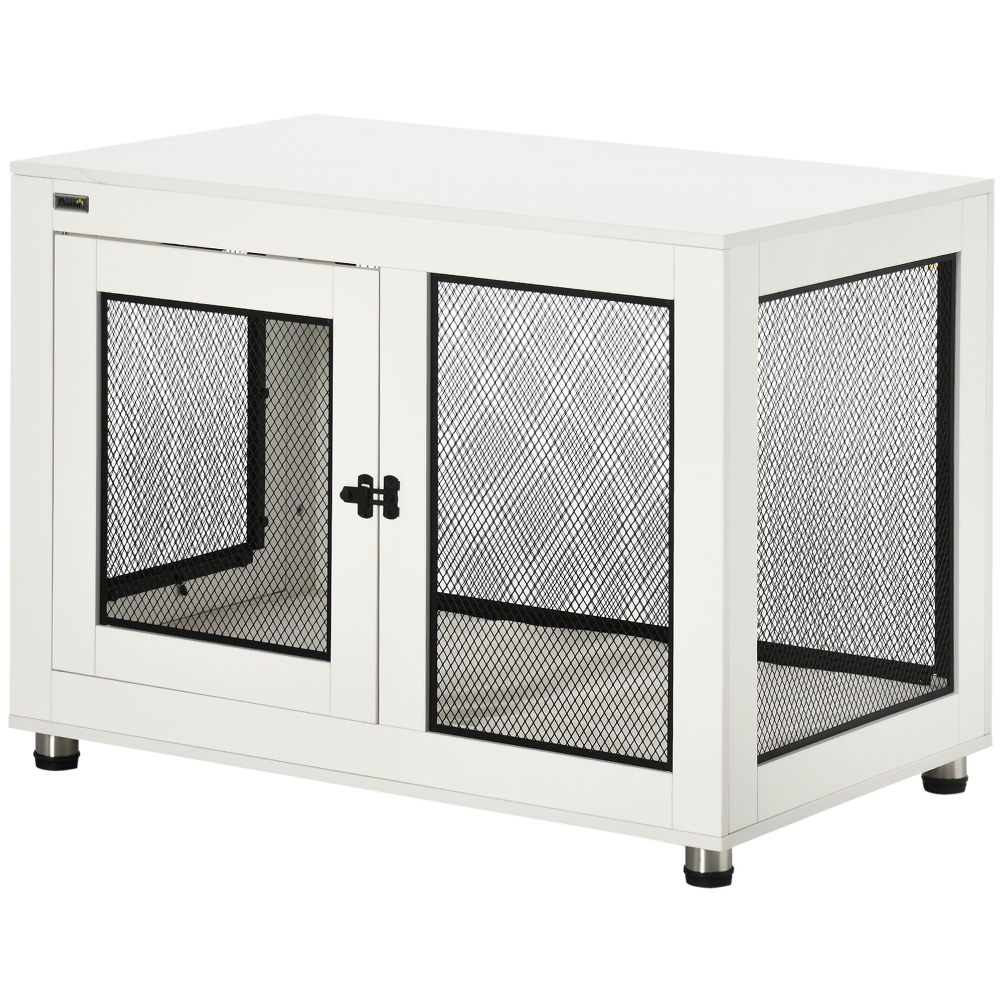 PawHut 37" Double-Door Dog Crate Furniture for Large Medium Dogs, Pet Crate End Table with Water-Resistant Cushion, Wooden Dog Cage Kennel Furniture for Indoor Use, White