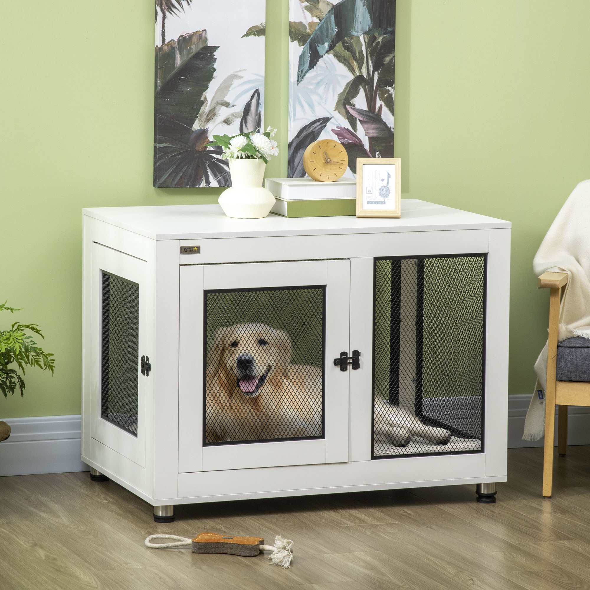 PawHut 37" Double-Door Dog Crate Furniture for Large Medium Dogs, Pet Crate End Table with Water-Resistant Cushion, Wooden Dog Cage Kennel Furniture for Indoor Use, White