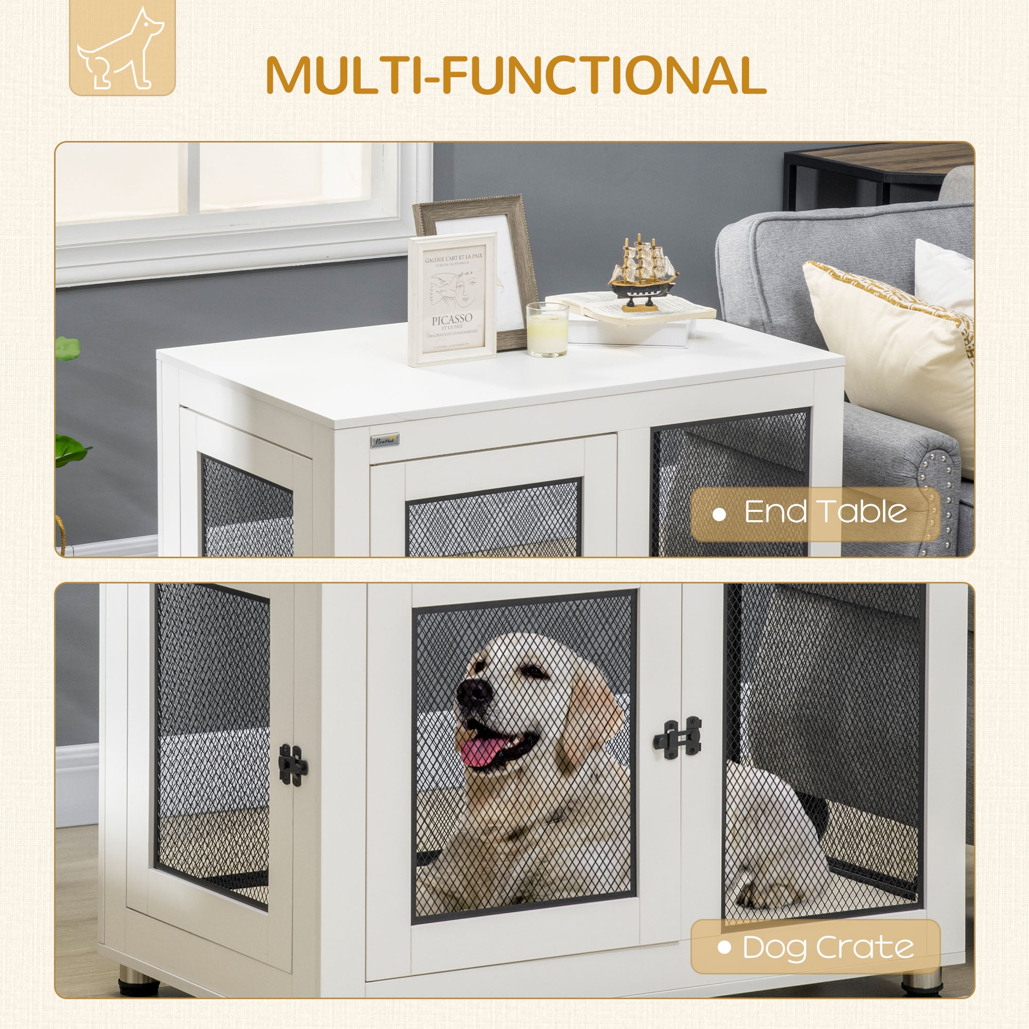 PawHut 37" Double-Door Dog Crate Furniture for Large Medium Dogs, Pet Crate End Table with Water-Resistant Cushion, Wooden Dog Cage Kennel Furniture for Indoor Use, White