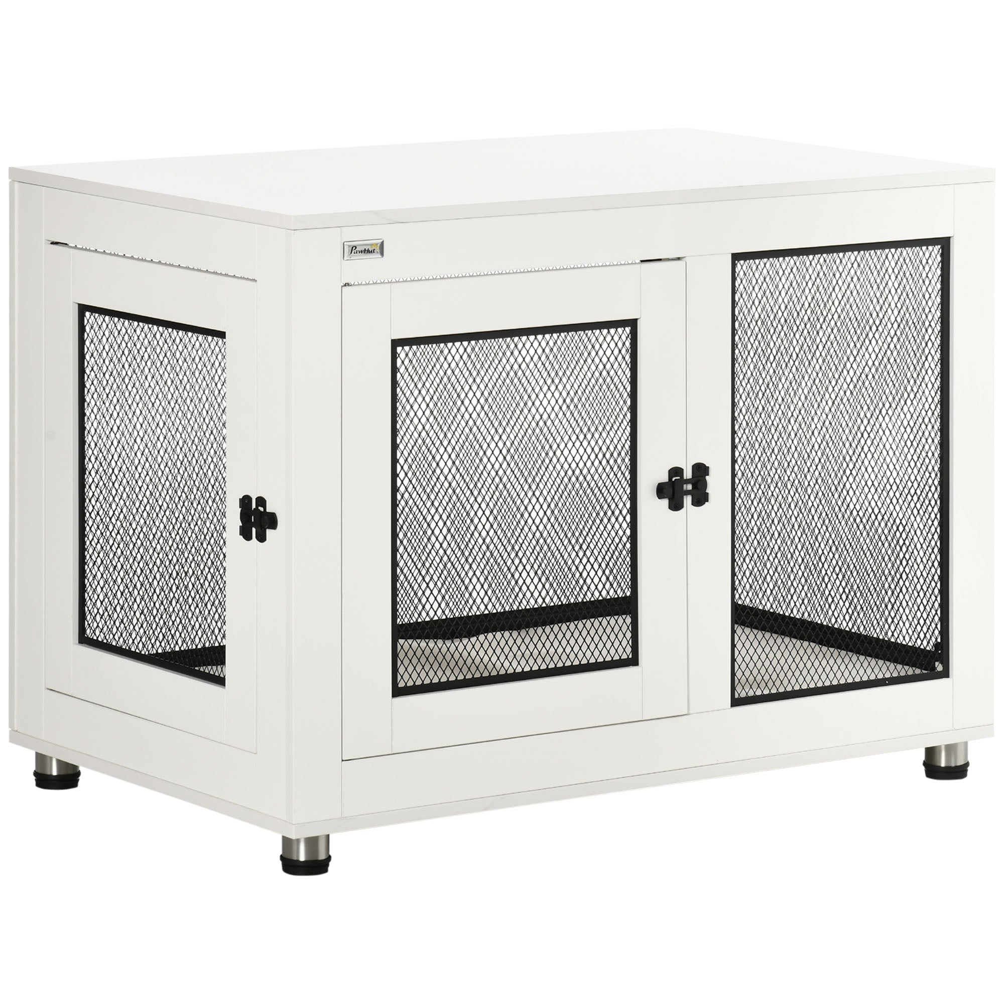 PawHut 37" Double-Door Dog Crate Furniture for Large Medium Dogs, Pet Crate End Table with Water-Resistant Cushion, Wooden Dog Cage Kennel Furniture for Indoor Use, White