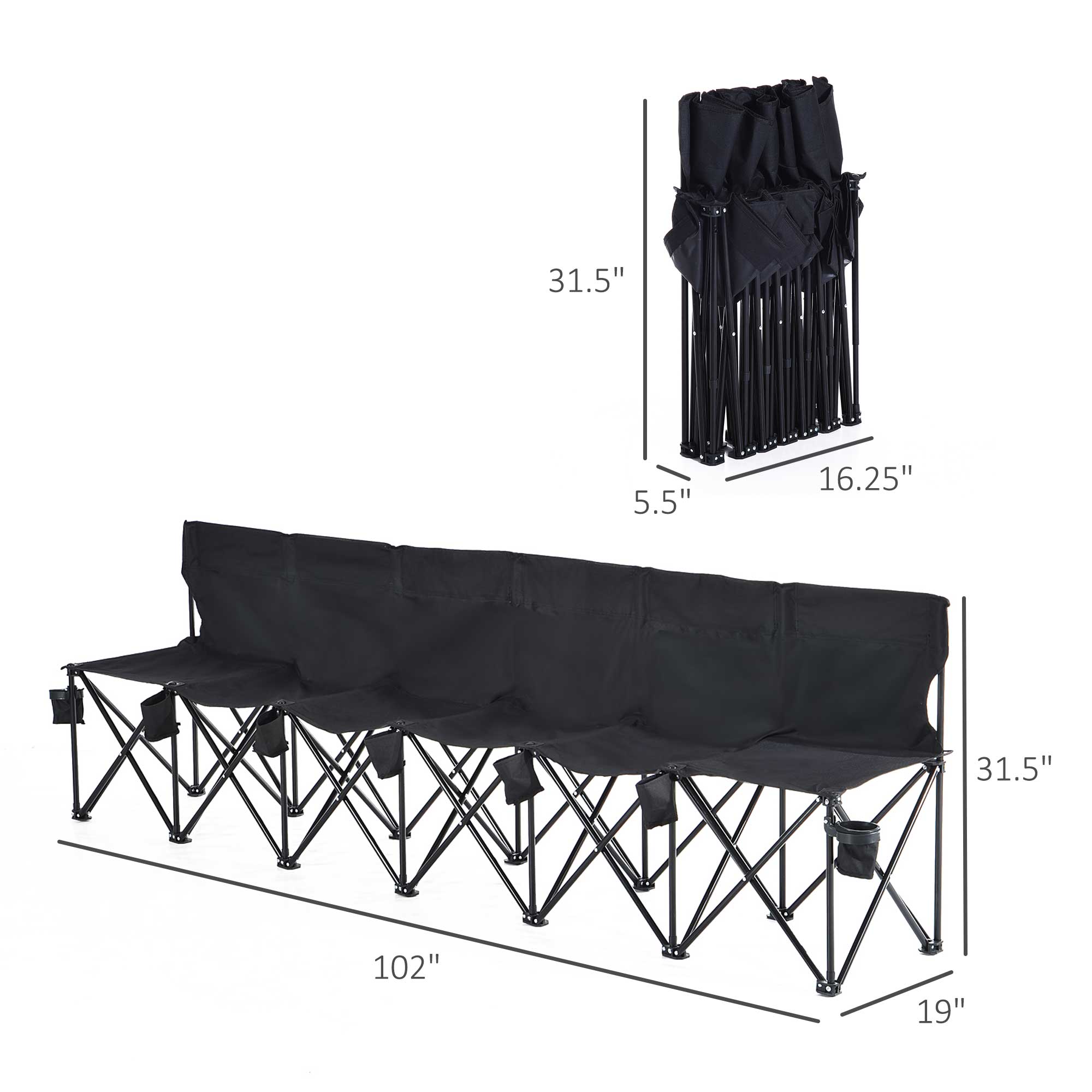 Outsunny 6 Seat Folding Camping Chair Portable Chaise Camping with Cup Holder and Carrying Case for Camping, Picnic, Sport Events, Black