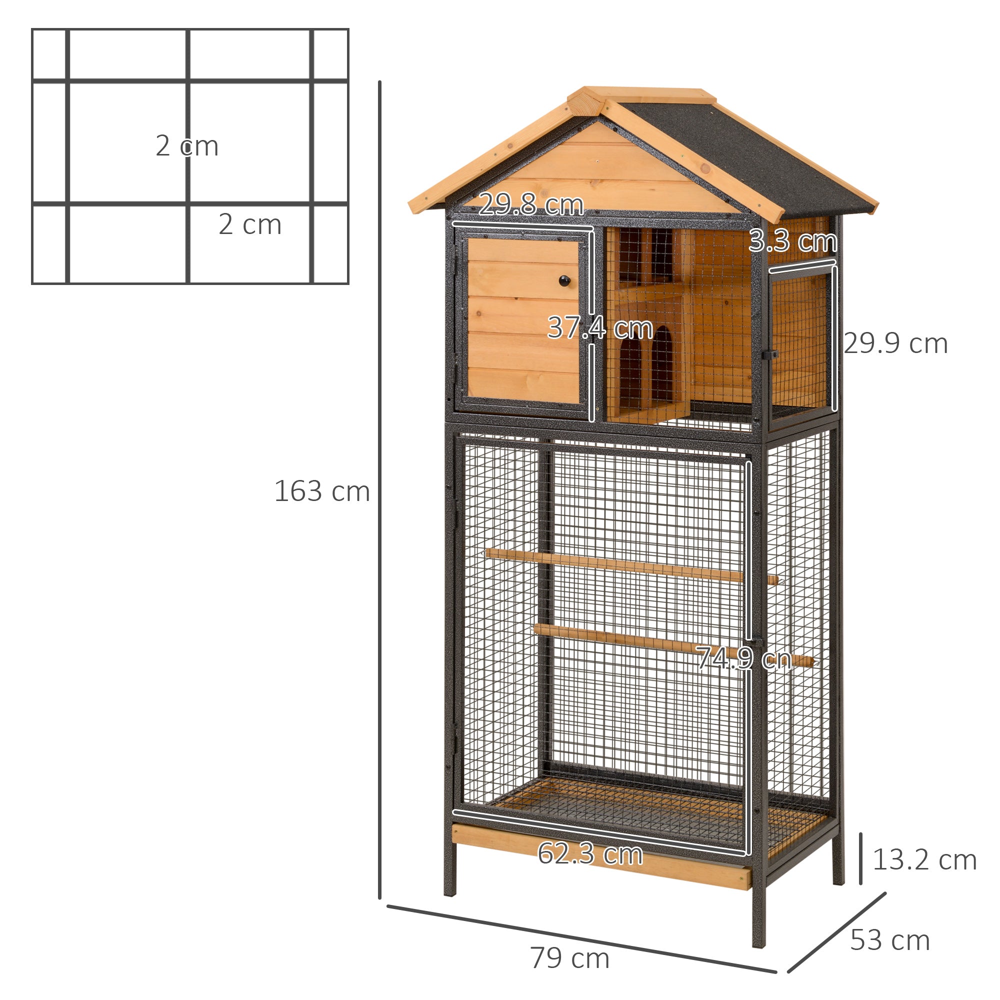 PawHut Bird Cage for Budgie Canary Cockatiel w/ Standing Pole, Nest, Slide-Out Tray, Wood & Steel for Indoors and Outdoors, 79 x 53 x 163cm - Natural