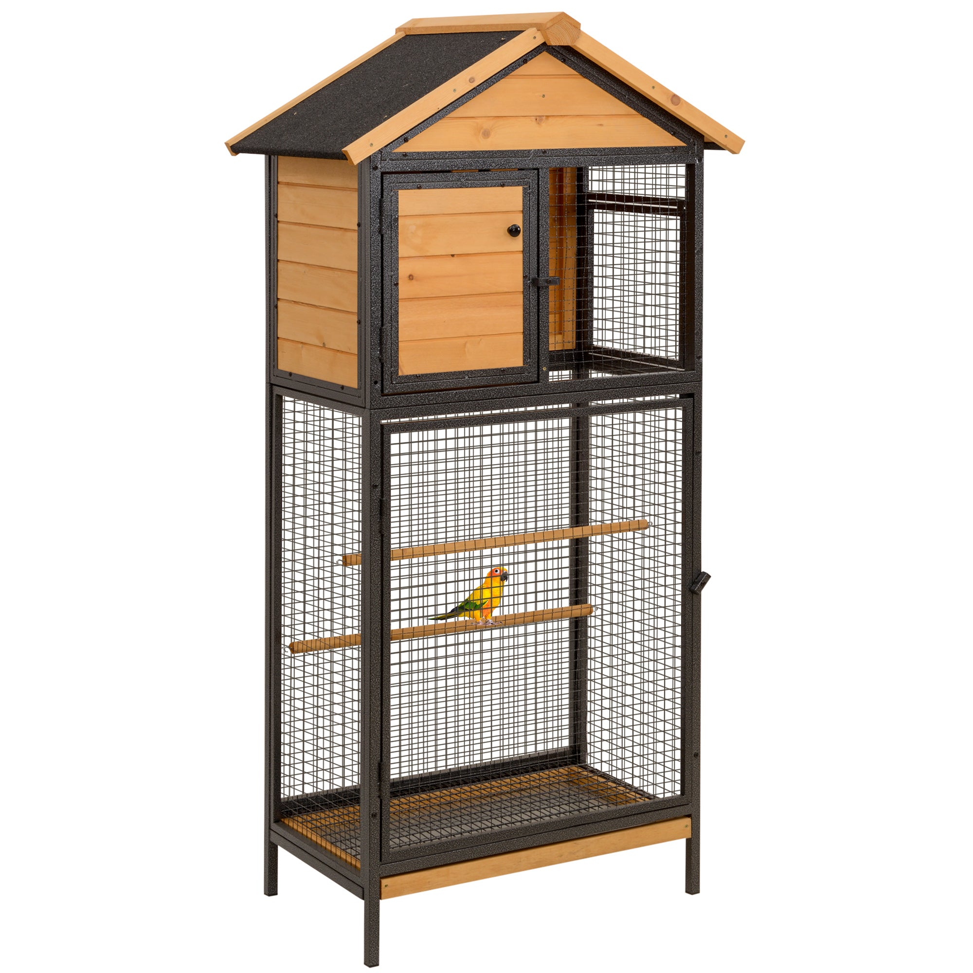 PawHut Bird Cage for Budgie Canary Cockatiel w/ Standing Pole, Nest, Slide-Out Tray, Wood & Steel for Indoors and Outdoors, 79 x 53 x 163cm - Natural