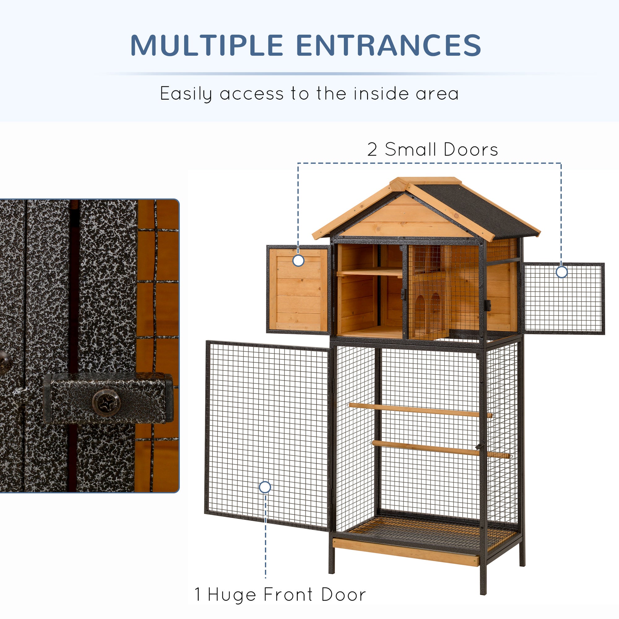 PawHut Bird Cage for Budgie Canary Cockatiel w/ Standing Pole, Nest, Slide-Out Tray, Wood & Steel for Indoors and Outdoors, 79 x 53 x 163cm - Natural