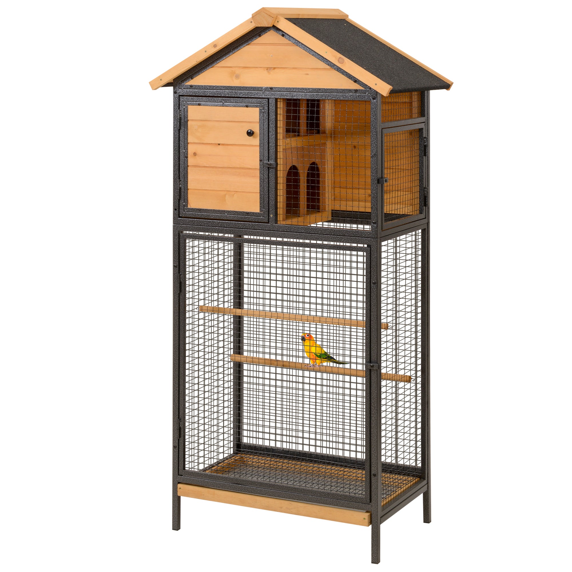 PawHut Bird Cage for Budgie Canary Cockatiel w/ Standing Pole, Nest, Slide-Out Tray, Wood & Steel for Indoors and Outdoors, 79 x 53 x 163cm - Natural
