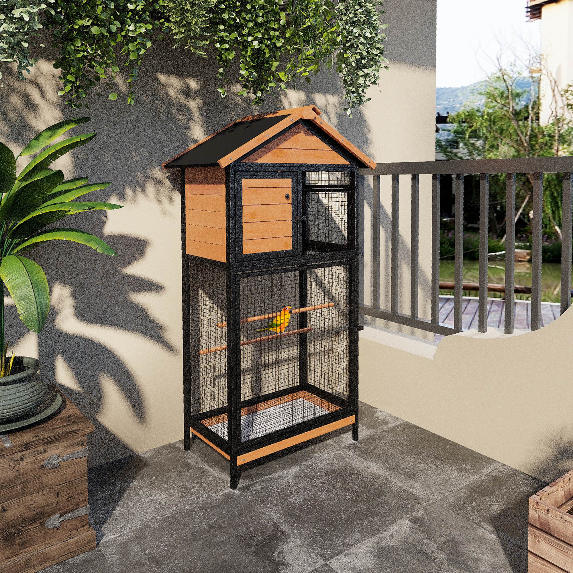 PawHut Bird Cage for Budgie Canary Cockatiel w/ Standing Pole, Nest, Slide-Out Tray, Wood & Steel for Indoors and Outdoors, 79 x 53 x 163cm - Natural