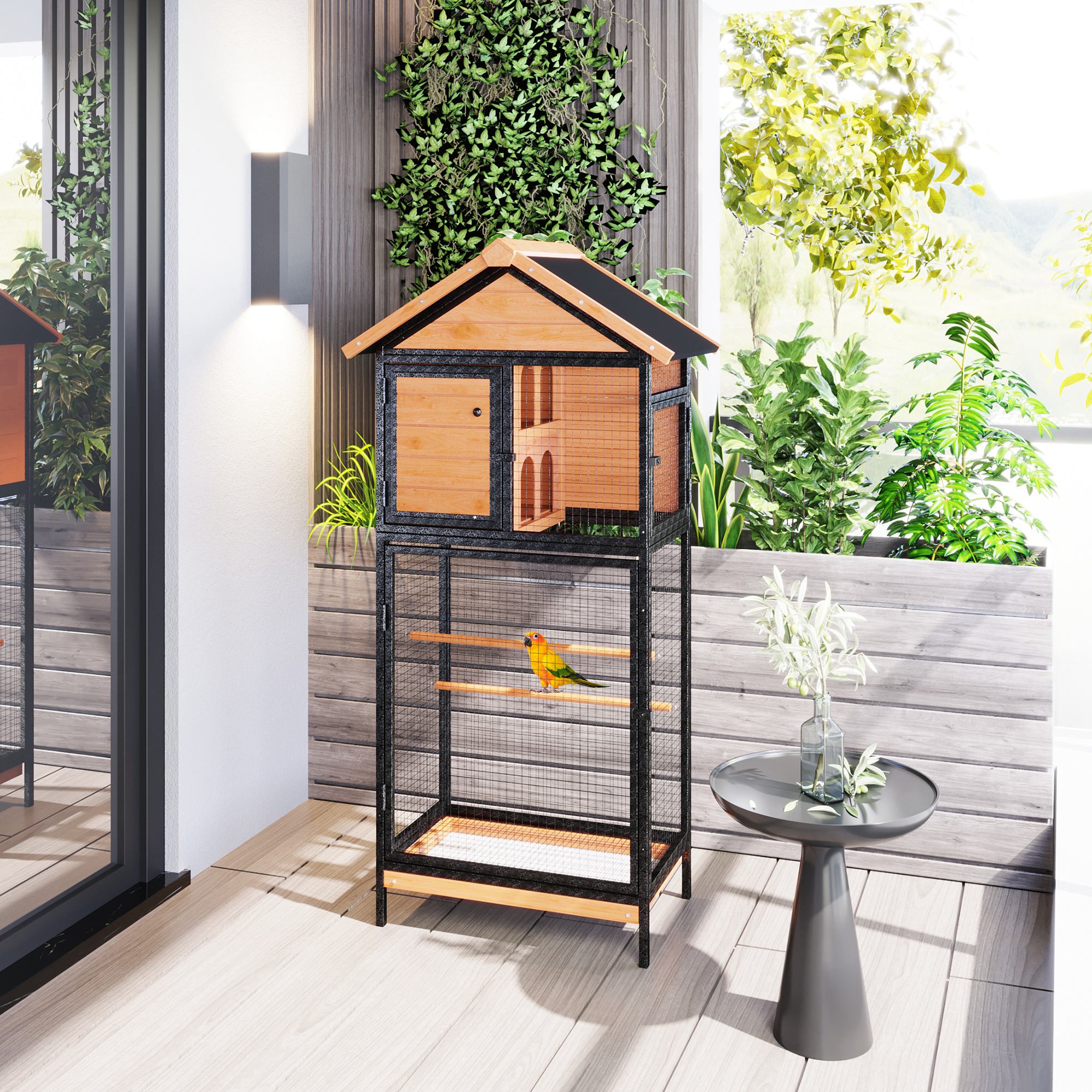 PawHut Bird Cage for Budgie Canary Cockatiel w/ Standing Pole, Nest, Slide-Out Tray, Wood & Steel for Indoors and Outdoors, 79 x 53 x 163cm - Natural