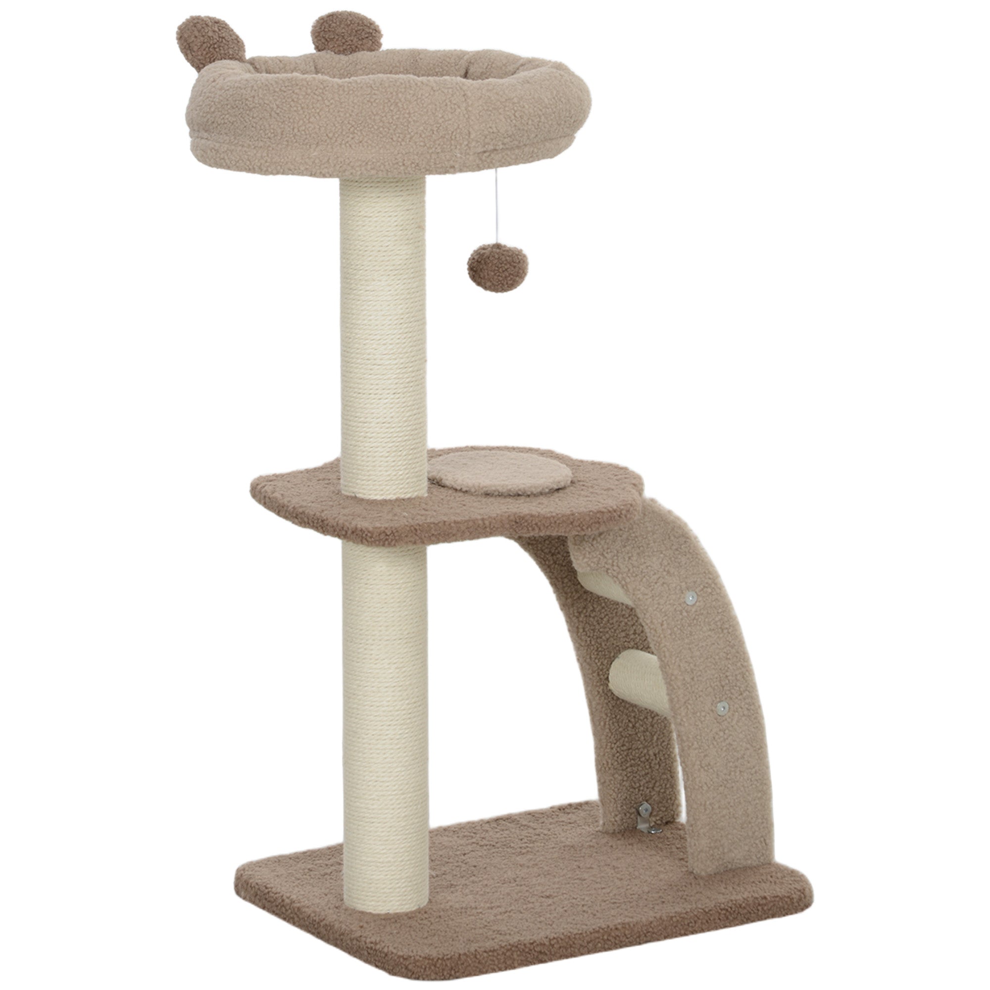 PawHut Cat Tree for Indoor Cats, 88cm Cat Tower with Sisal Scratching Post, Hanging Ball, Large Cat Perch, Stairs, Cat Activity Centre for Kitten, Brown