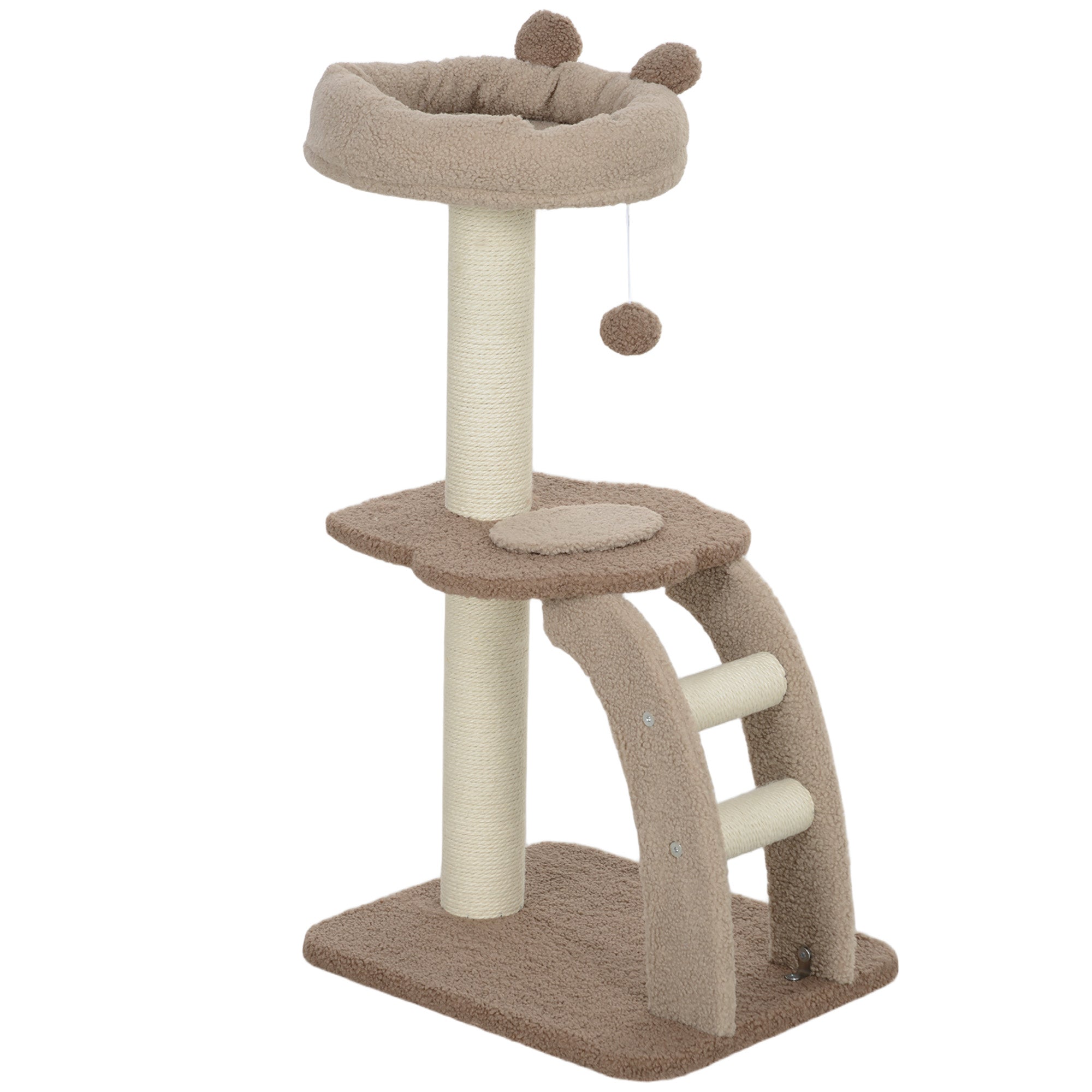 PawHut Cat Tree for Indoor Cats, 88cm Cat Tower with Sisal Scratching Post, Hanging Ball, Large Cat Perch, Stairs, Cat Activity Centre for Kitten, Brown