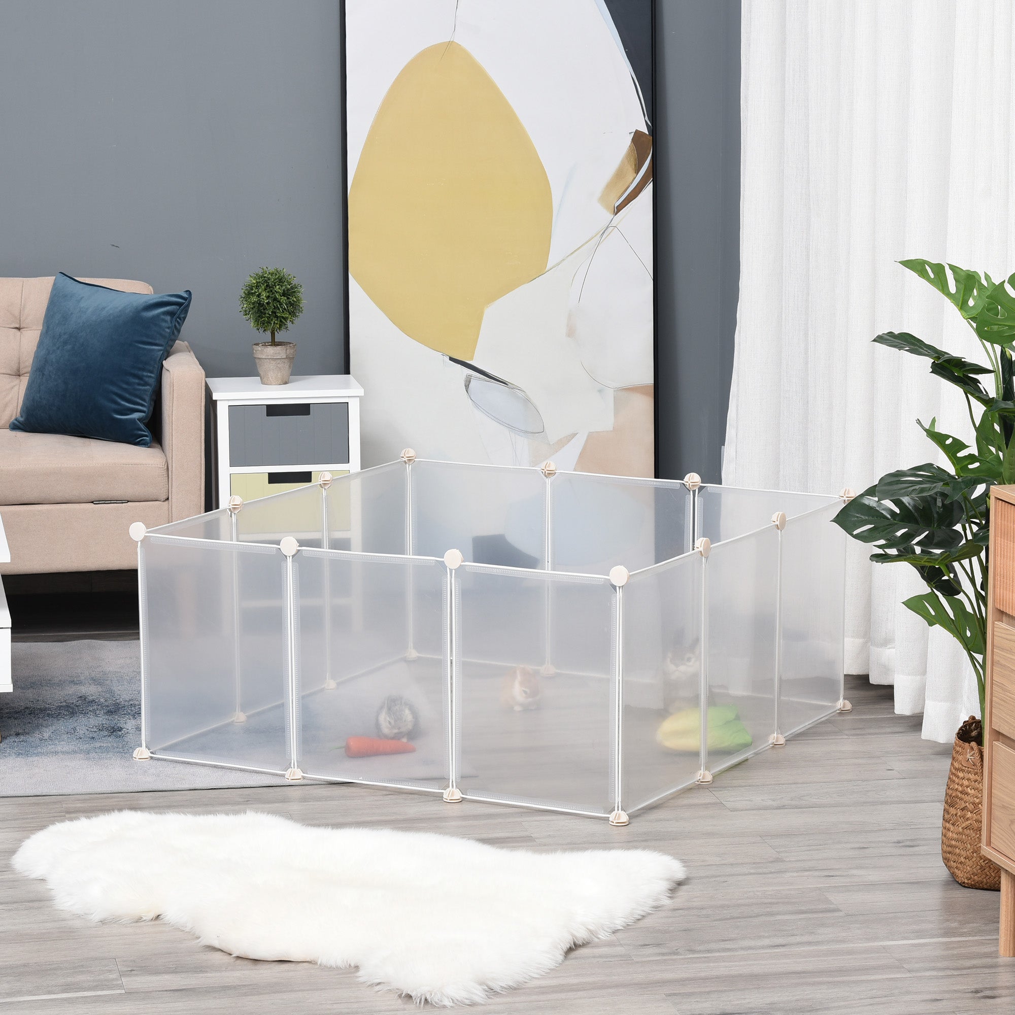 PawHut Pet Playpen DIY Small Animal Cage Open Enclosure Portable Plastic Fence 12 Panels for Hedgehog Bunny Chinchilla Guinea Pig White