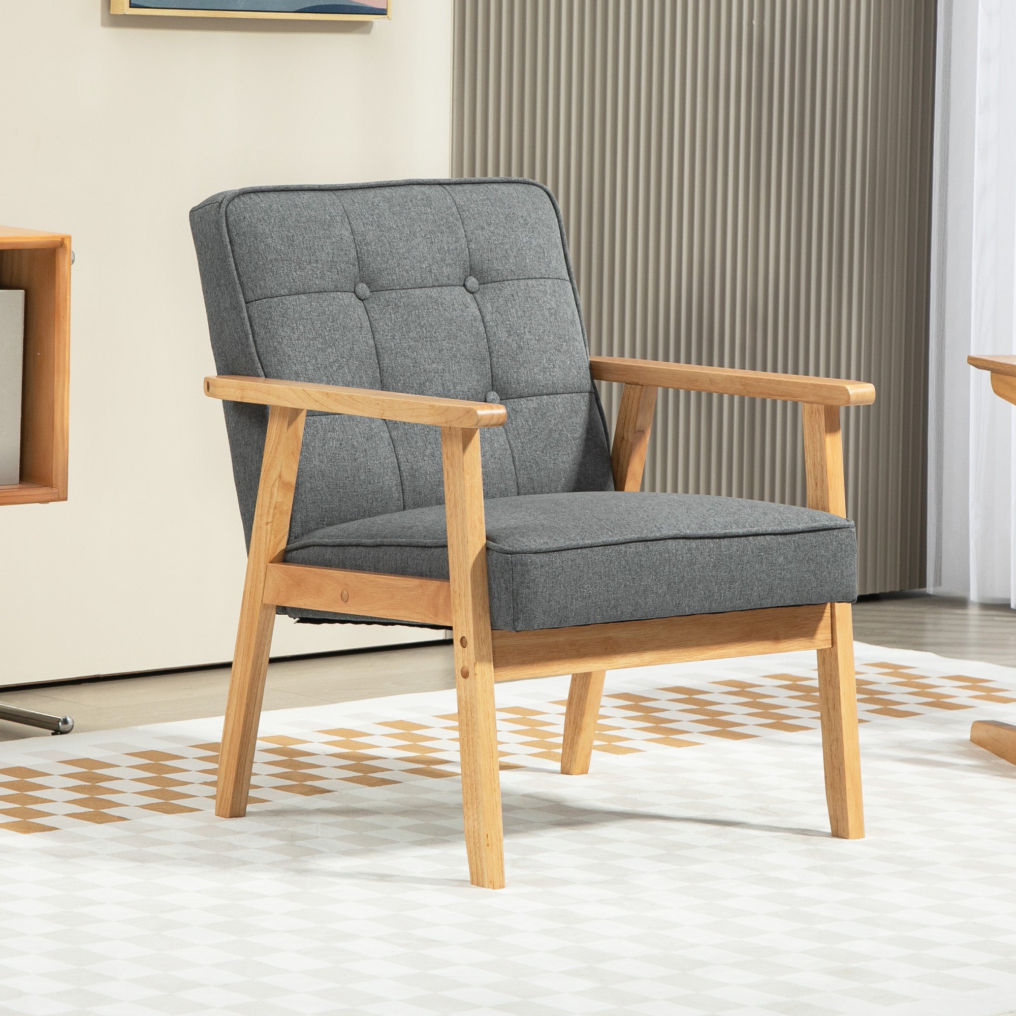 HOMCOM Modern Accent Chair with Button Tufted Back, Upholstered Linen Armchair with Solid Wood Frame and Soft Thick Padded for Living Room, Bedroom, Grey