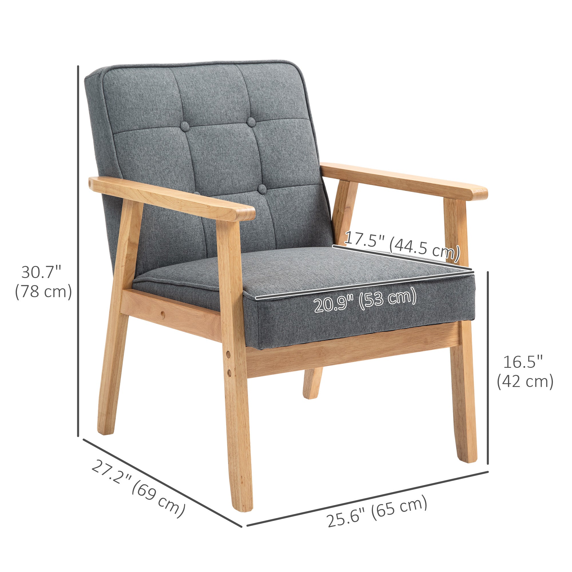 HOMCOM Modern Accent Chair with Button Tufted Back, Upholstered Linen Armchair with Solid Wood Frame and Soft Thick Padded for Living Room, Bedroom, Grey